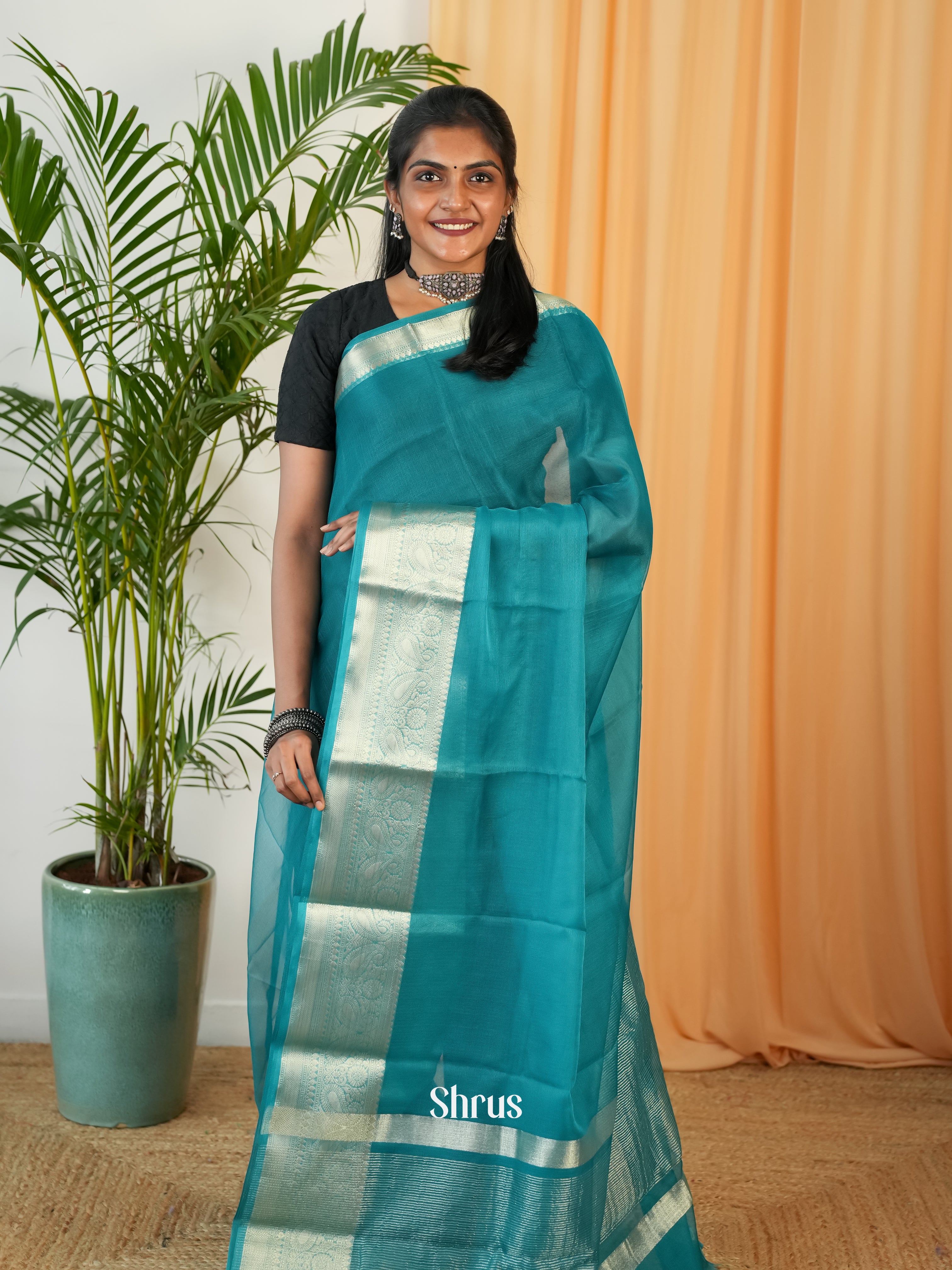 Teal - Semi Organza Saree - Shop on Shrus.com