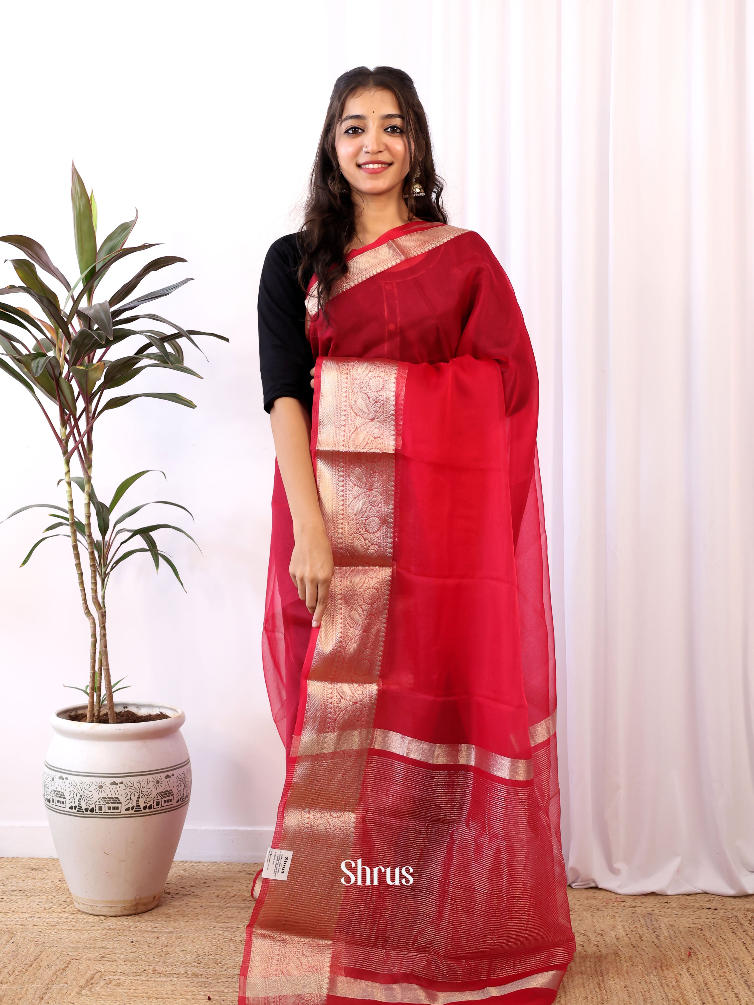 Red - Semi Organza Saree - Shop on Shrus.com