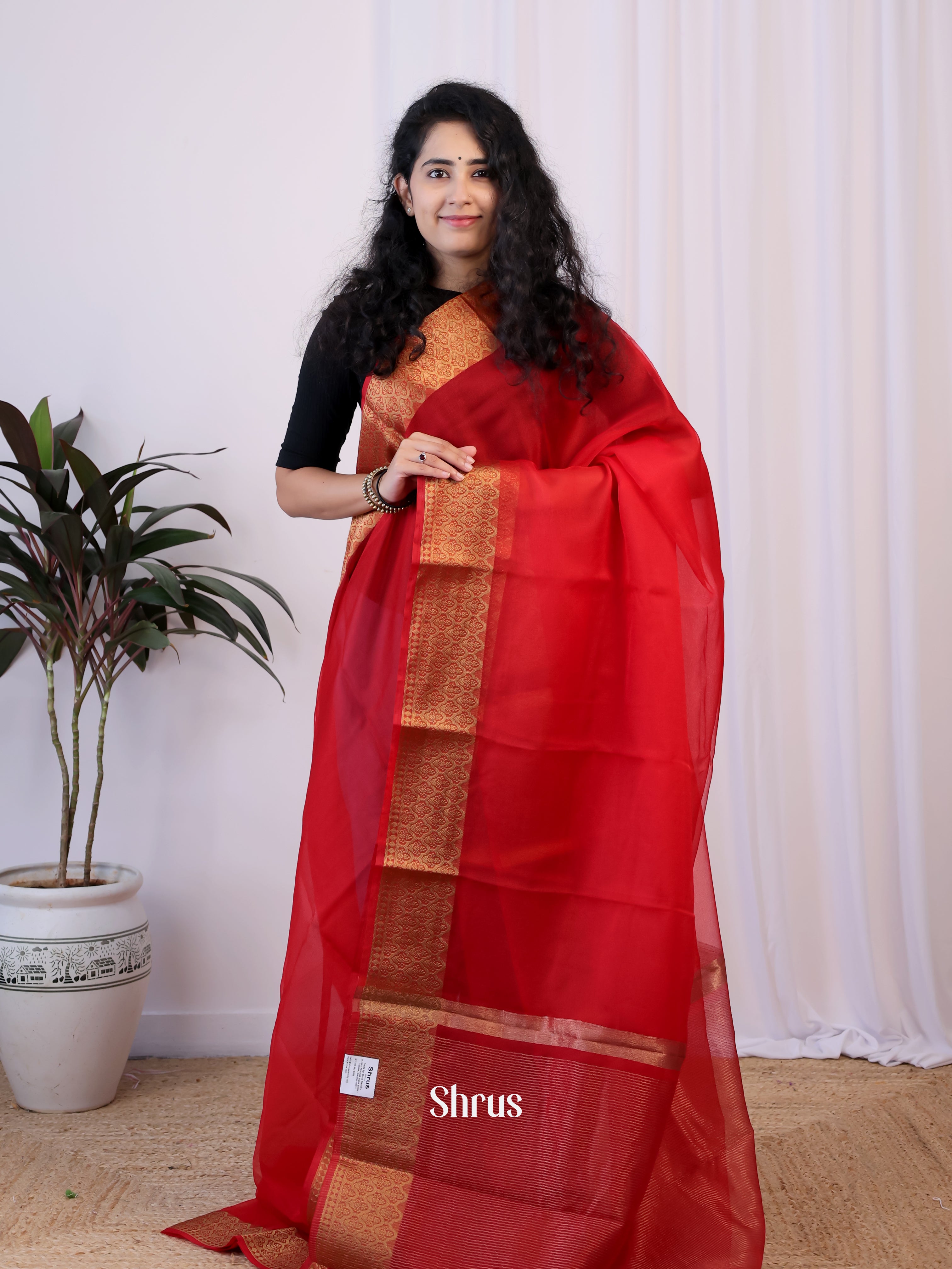 Red - Semi Organza Saree - Shop on Shrus.com