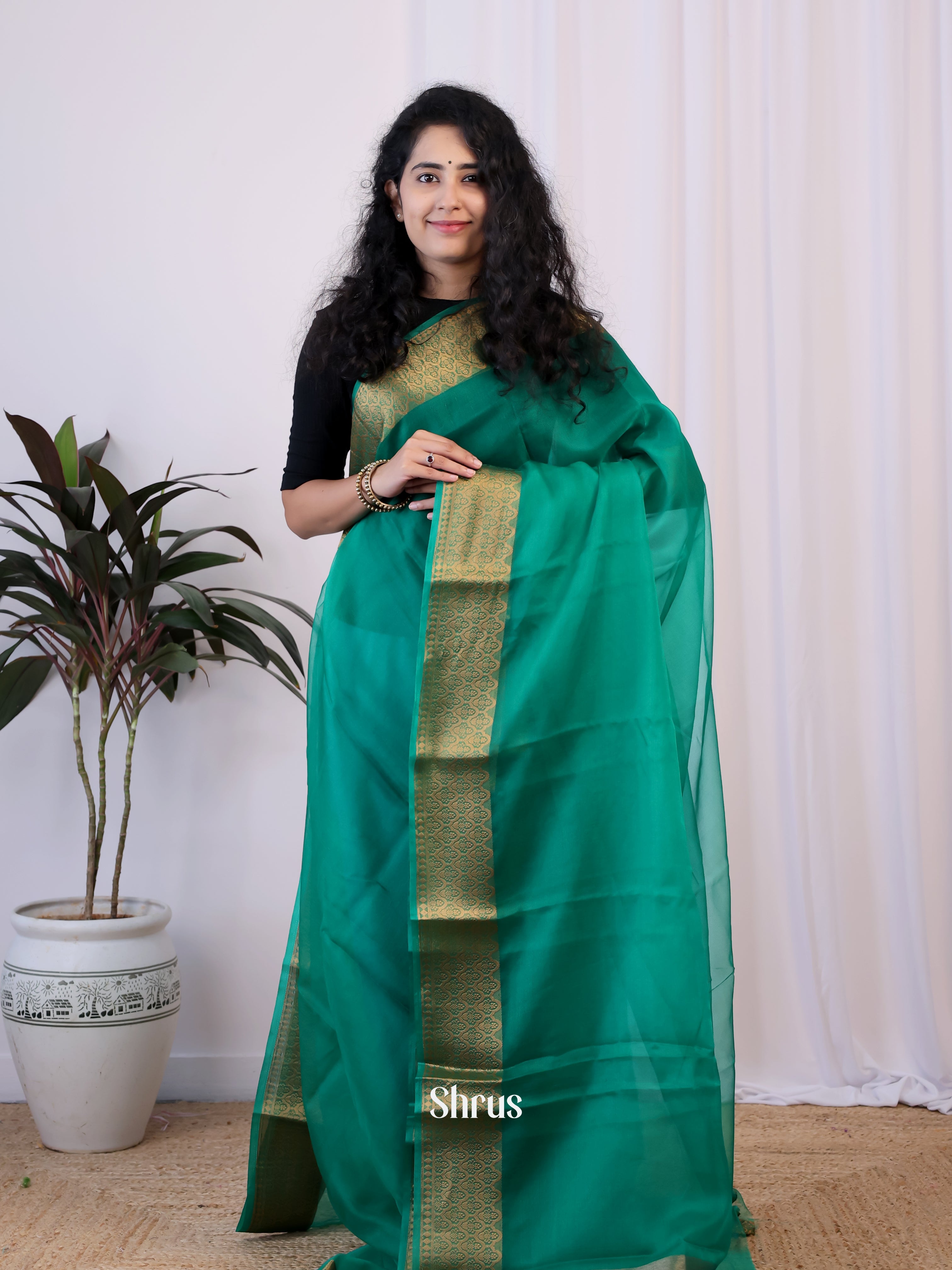 Green- Semi Organza Saree - Shop on Shrus.com