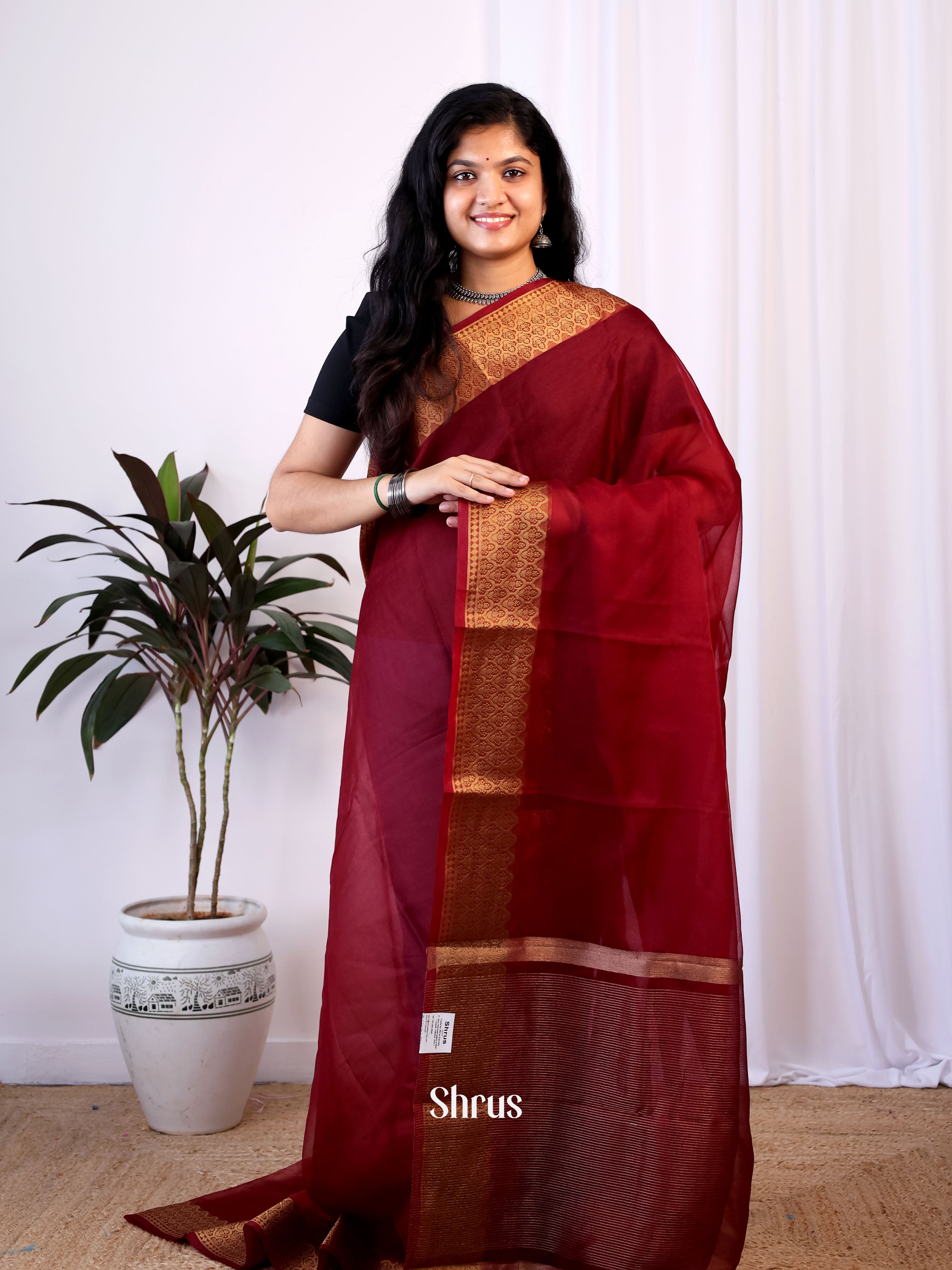Maroon - Semi Organza Saree - Shop on Shrus.com