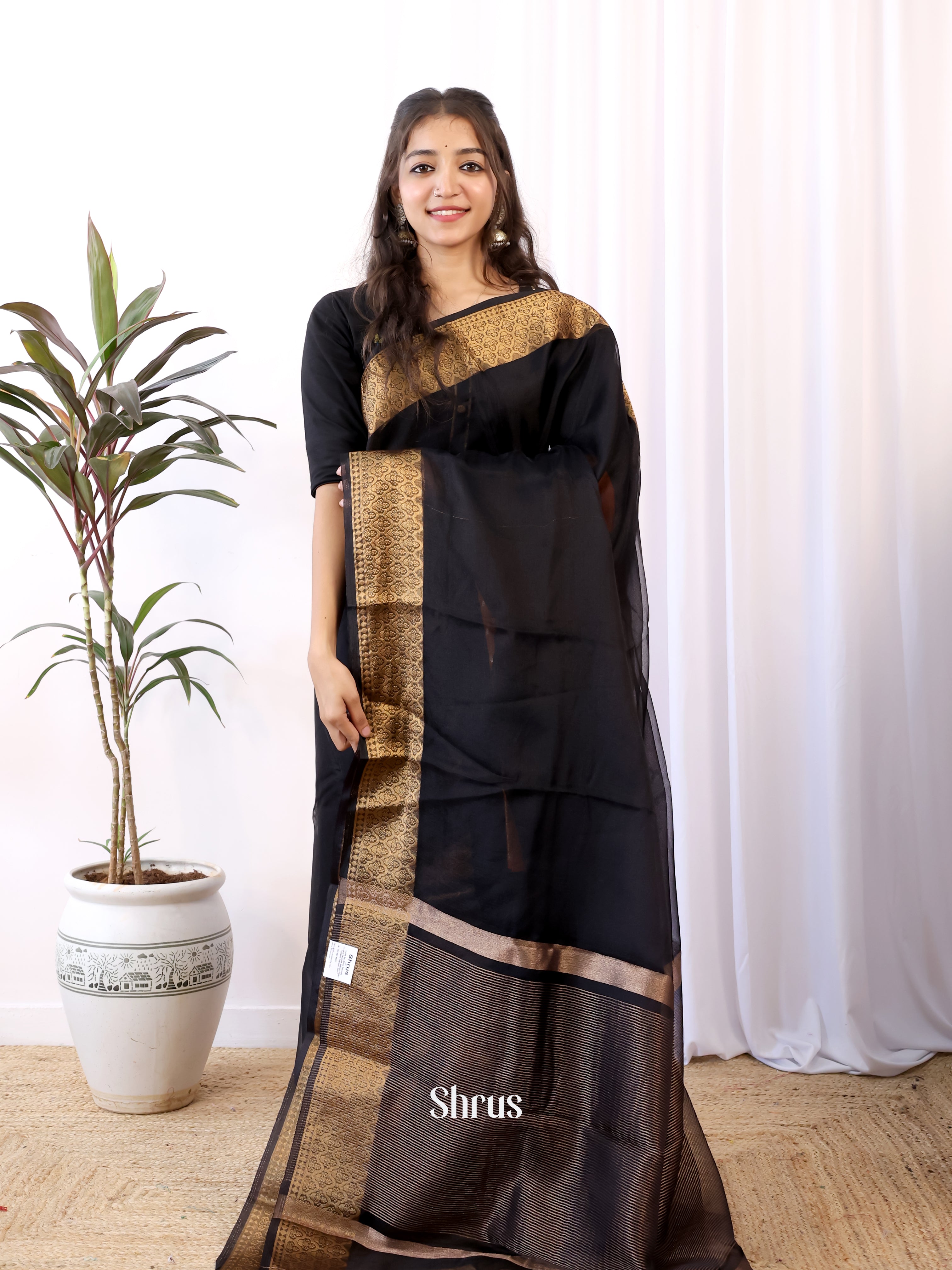 Black & Mustard- Semi Organza Saree - Shop on Shrus.com