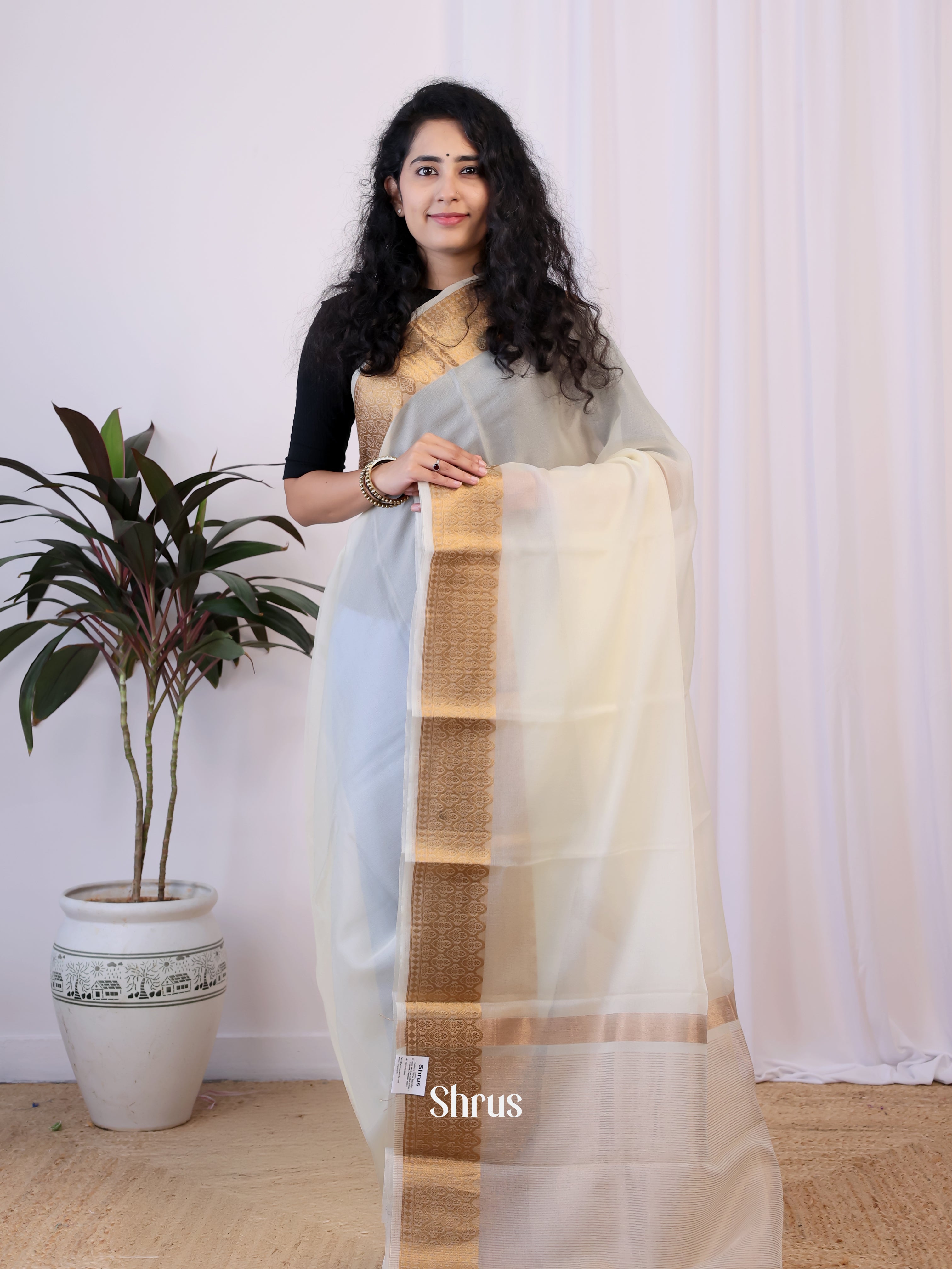 Cream - Semi Organza Saree - Shop on Shrus.com