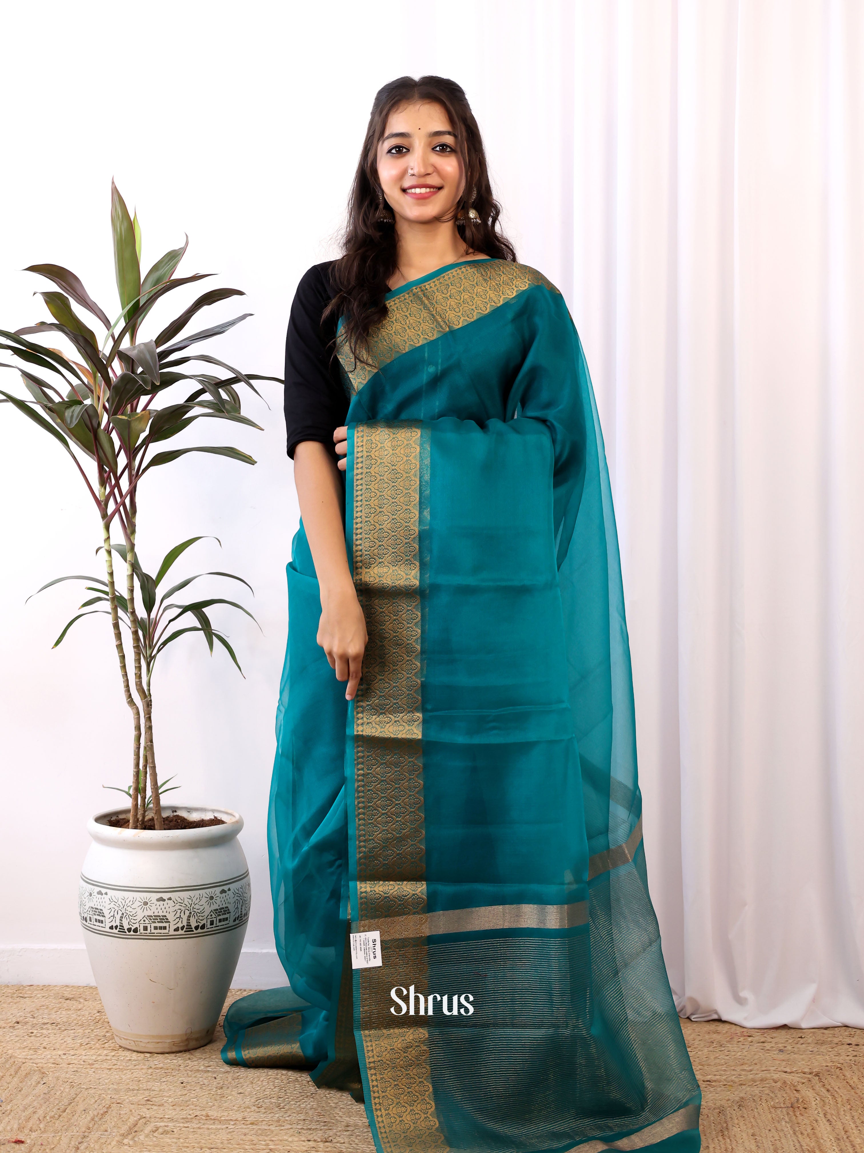 Peacock Blue - Semi Organza Saree - Shop on Shrus.com