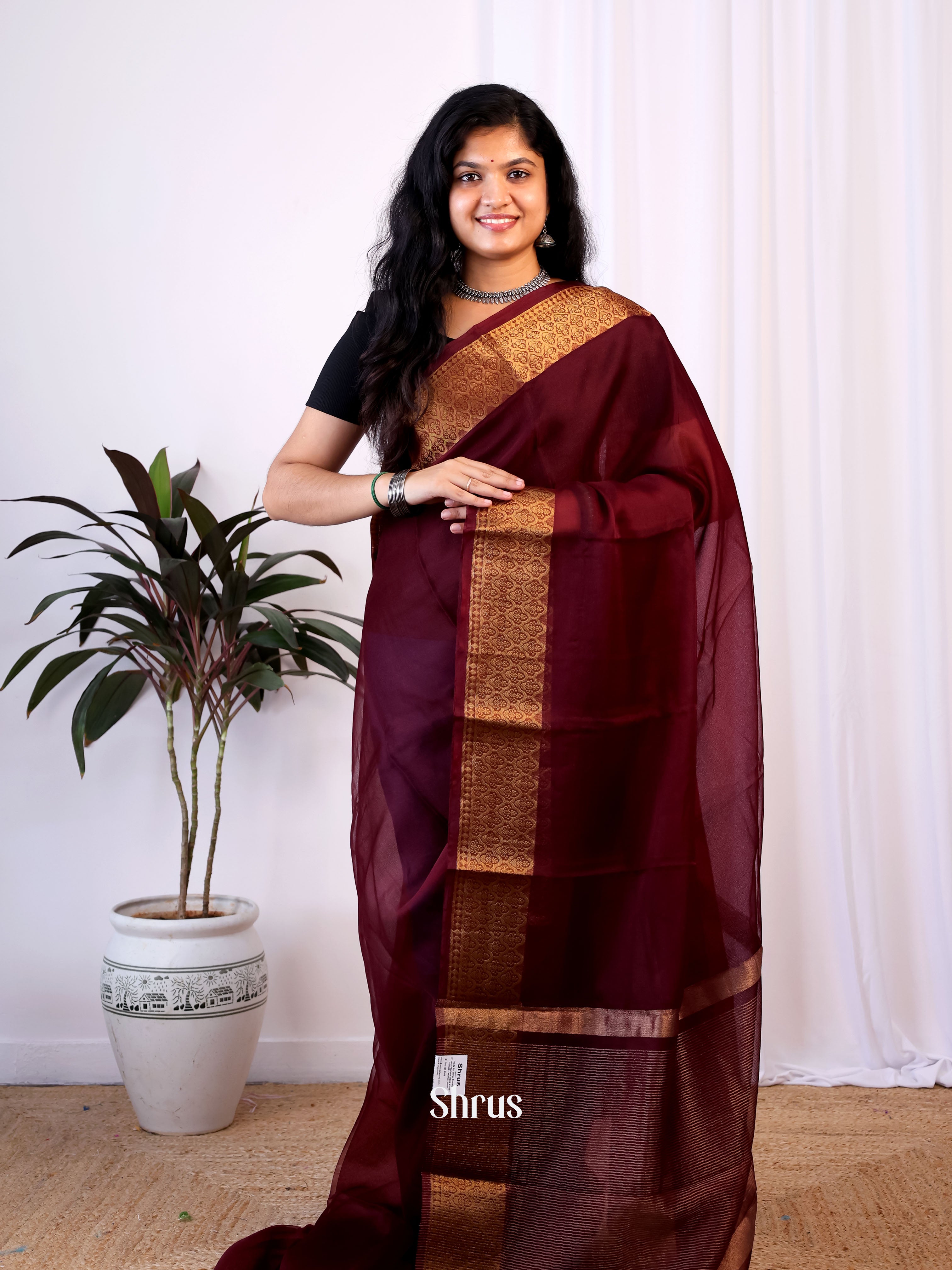 Maroon- Semi Organza Saree - Shop on Shrus.com