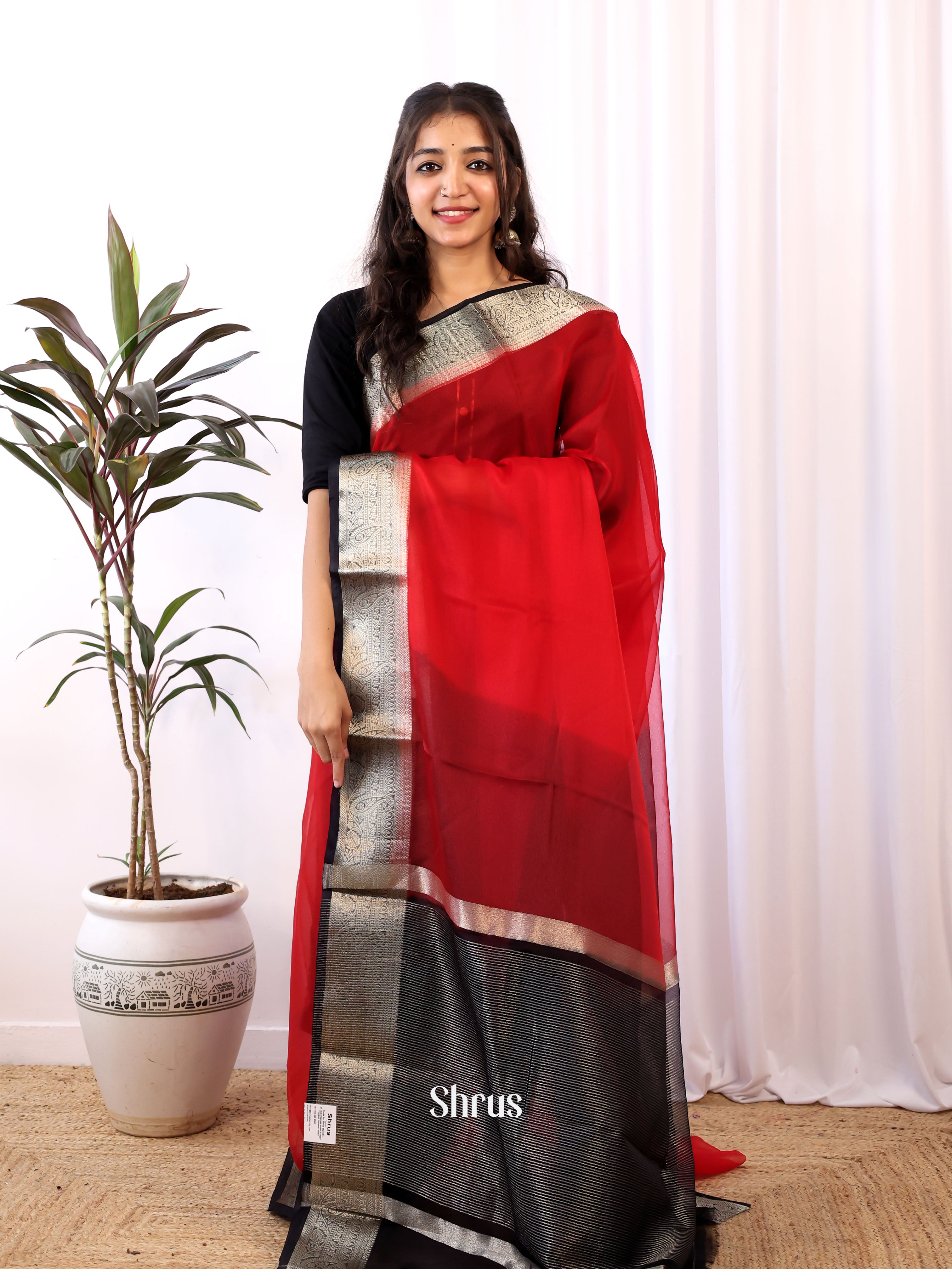 Red & Black - Semi Organza Saree - Shop on Shrus.com