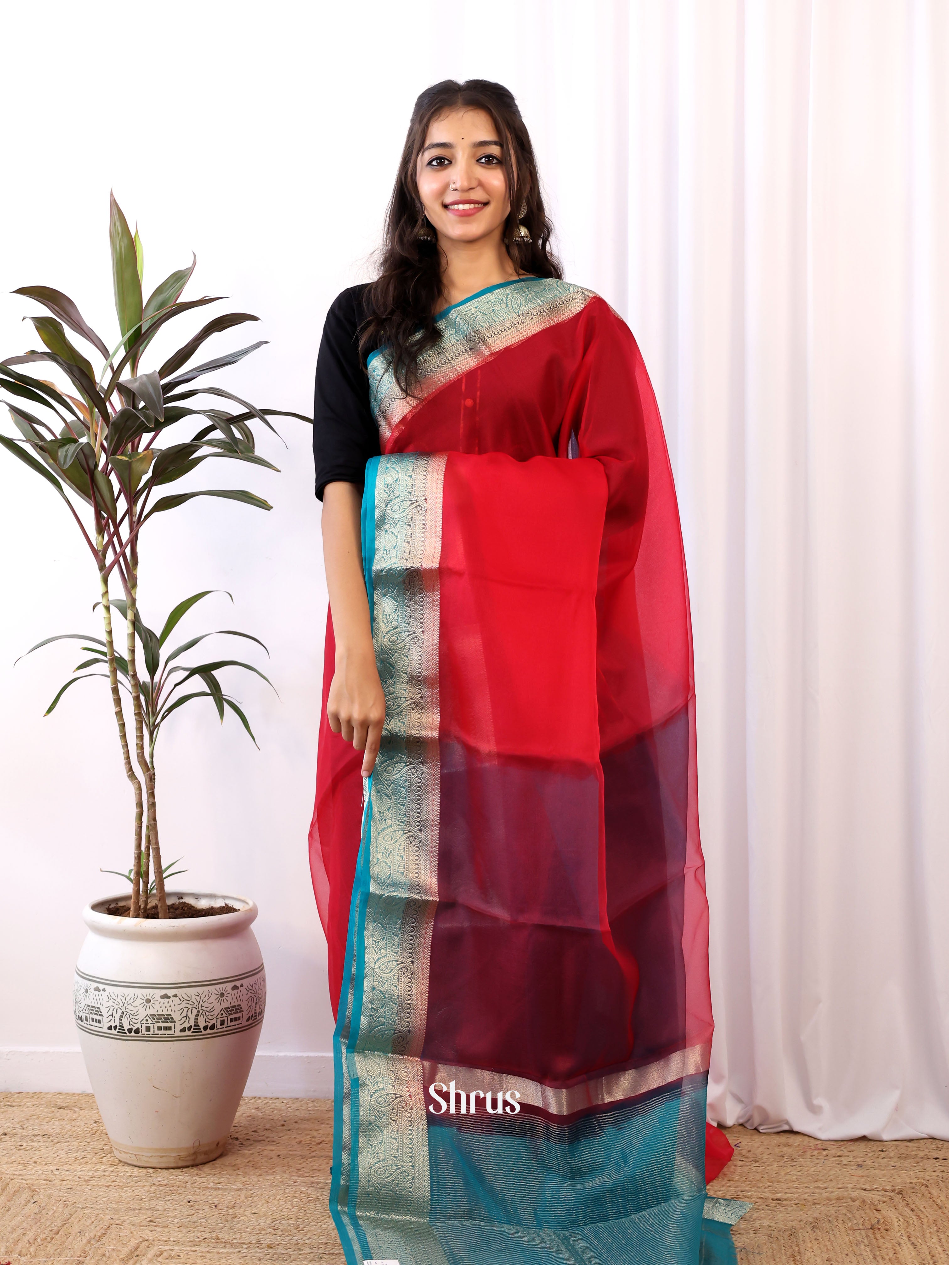 Red & Green - Semi Organza Saree - Shop on Shrus.com