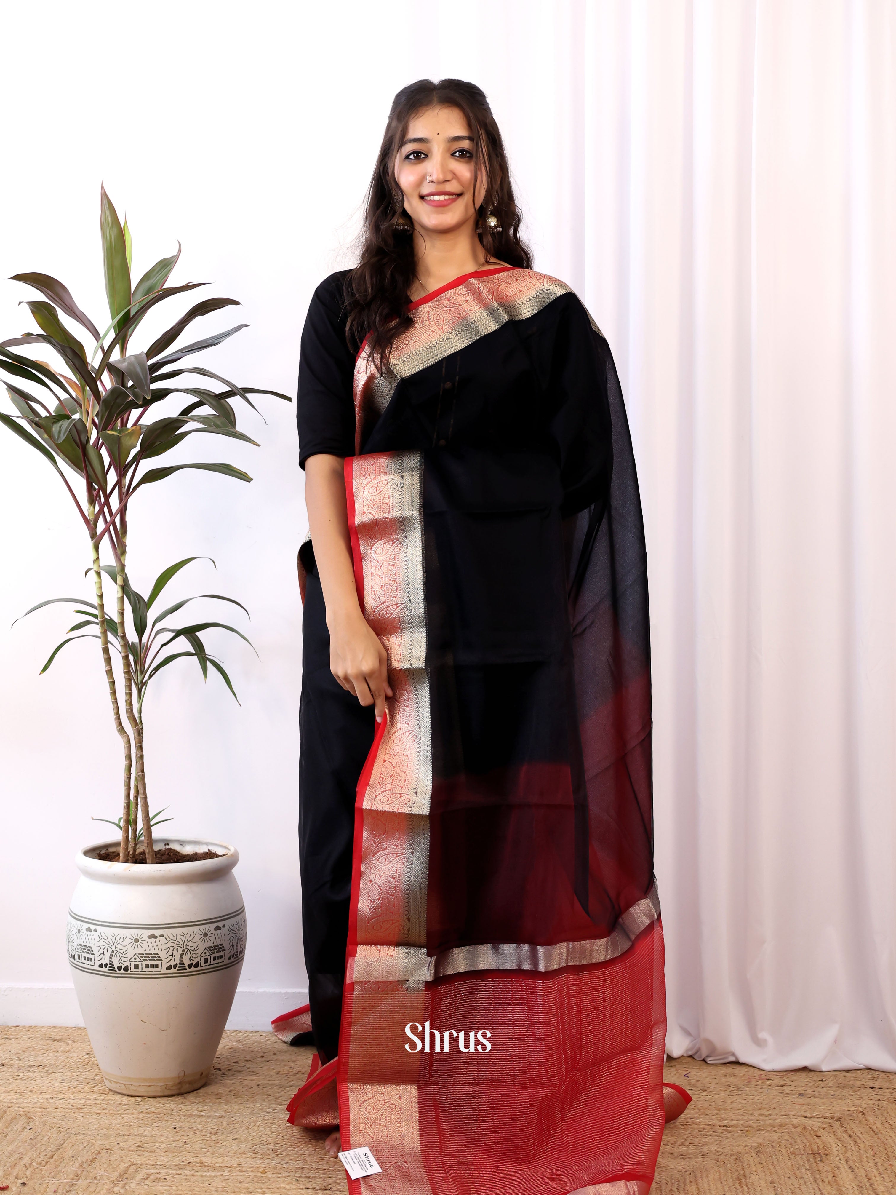Black & Red - Semi Organza Saree - Shop on Shrus.com
