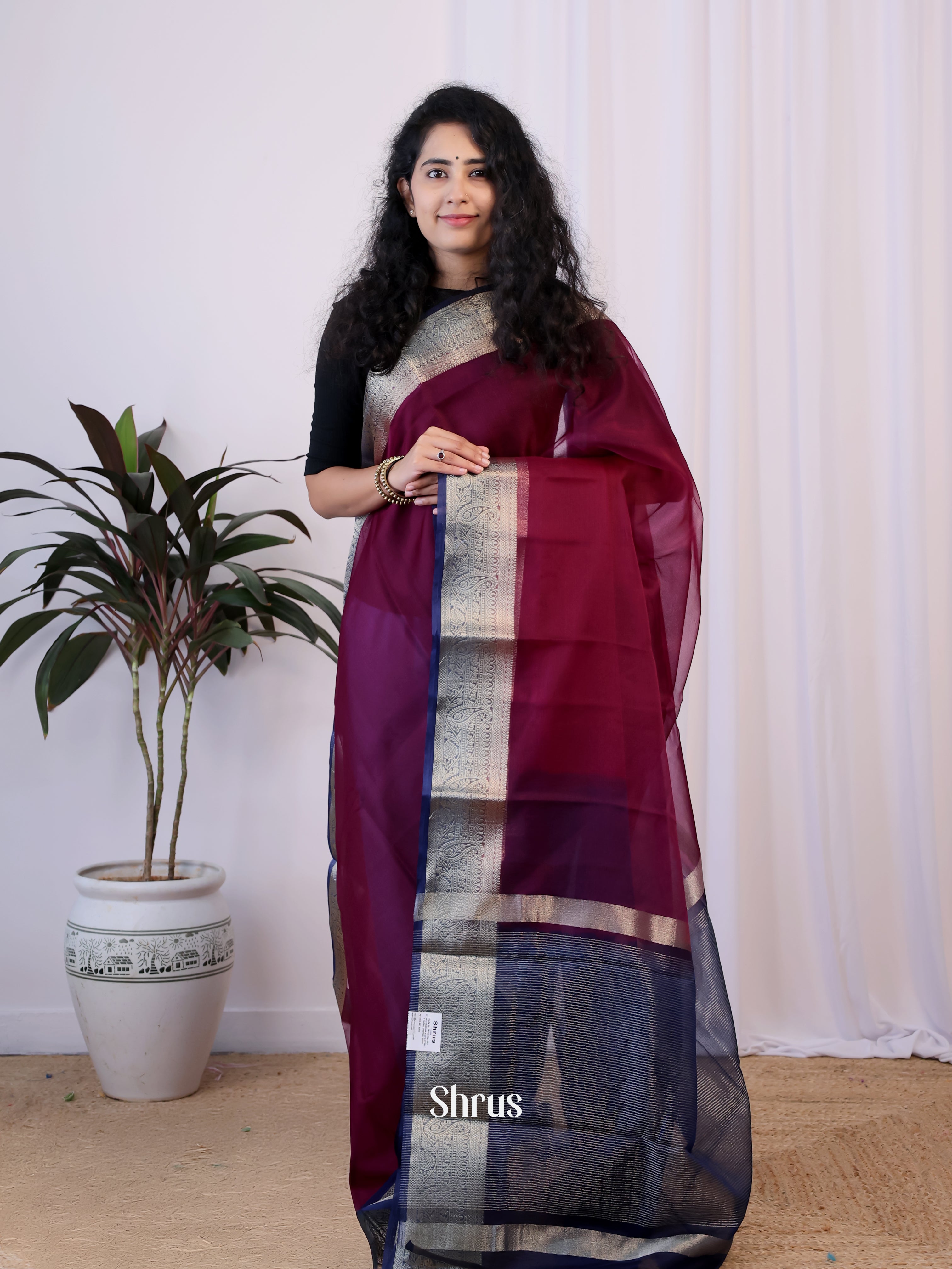 Maroon & Blue - Semi Organza Saree - Shop on Shrus.com