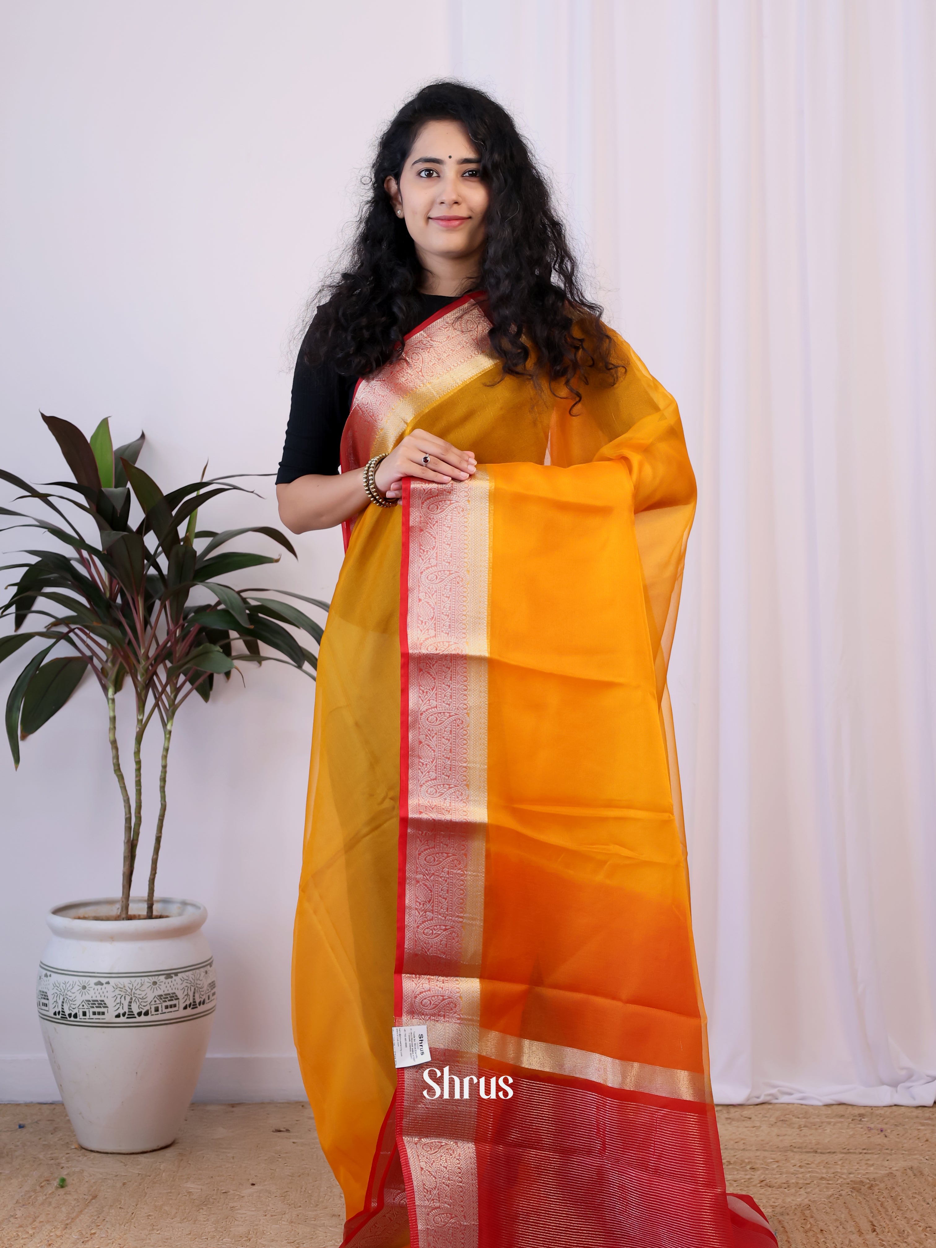 Orange & Red - Semi Organza Saree - Shop on Shrus.com