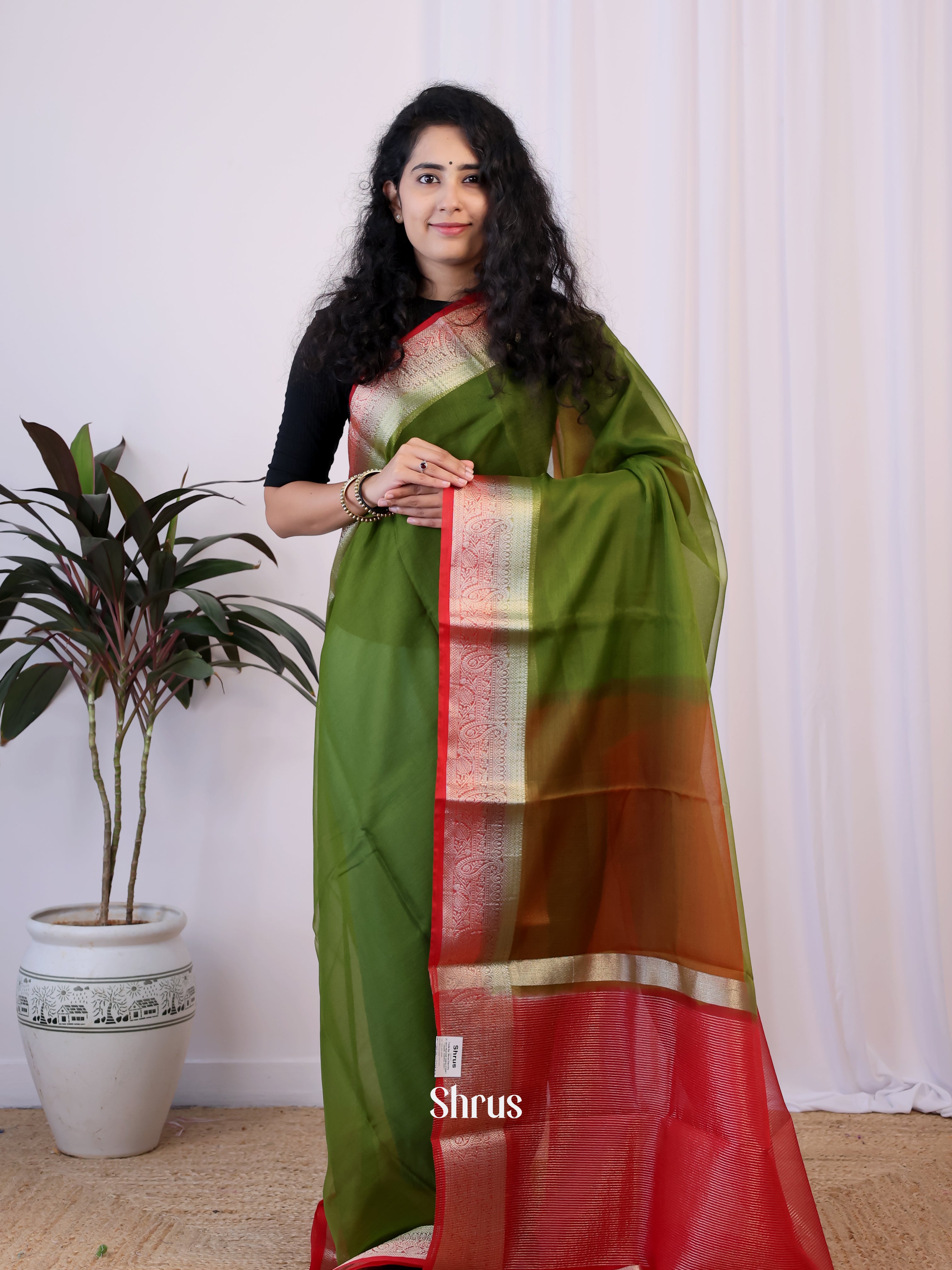 Green & Red - Semi Organza Saree - Shop on Shrus.com
