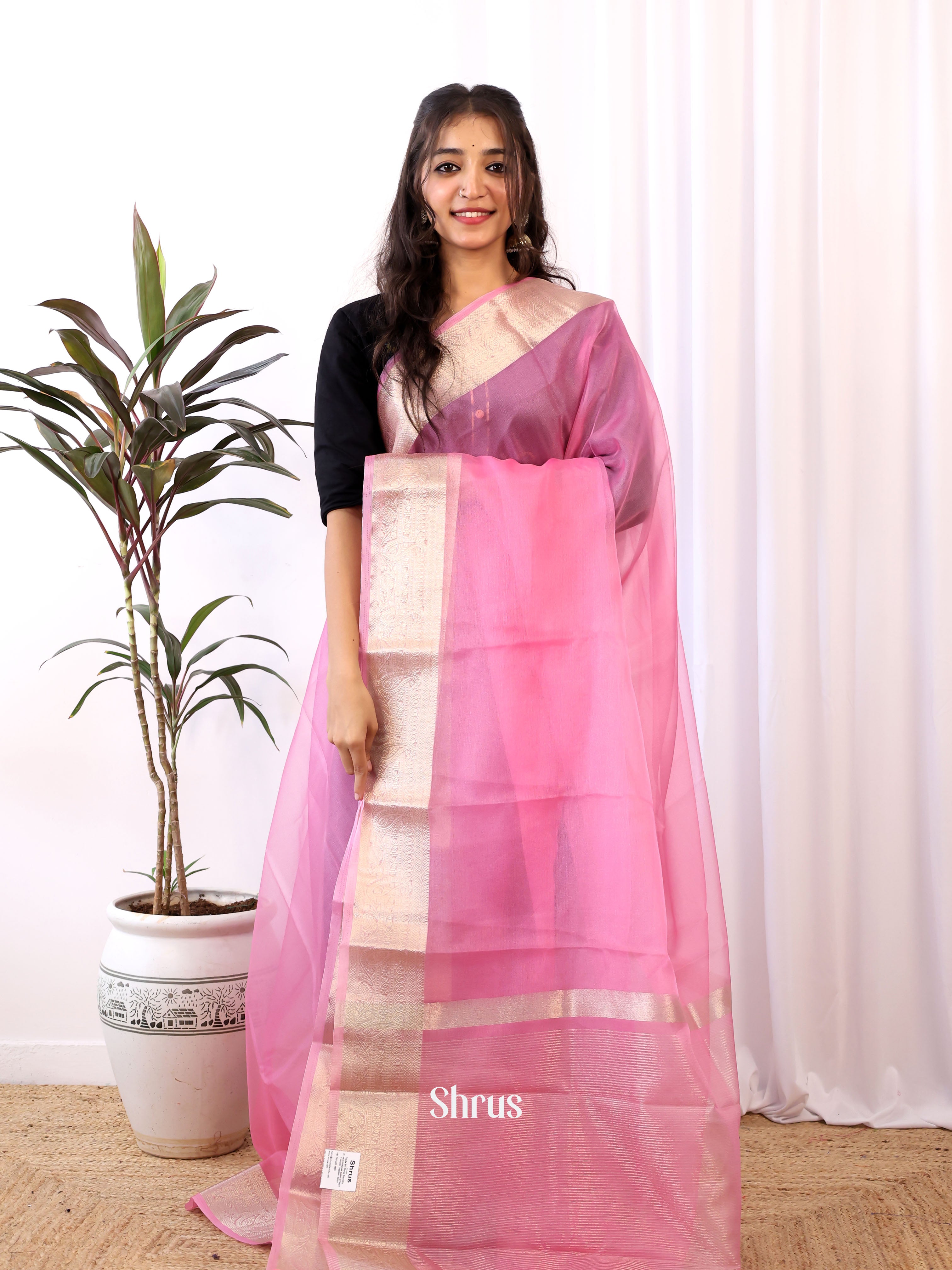 Pink & Red - Semi Organza Saree - Shop on Shrus.com