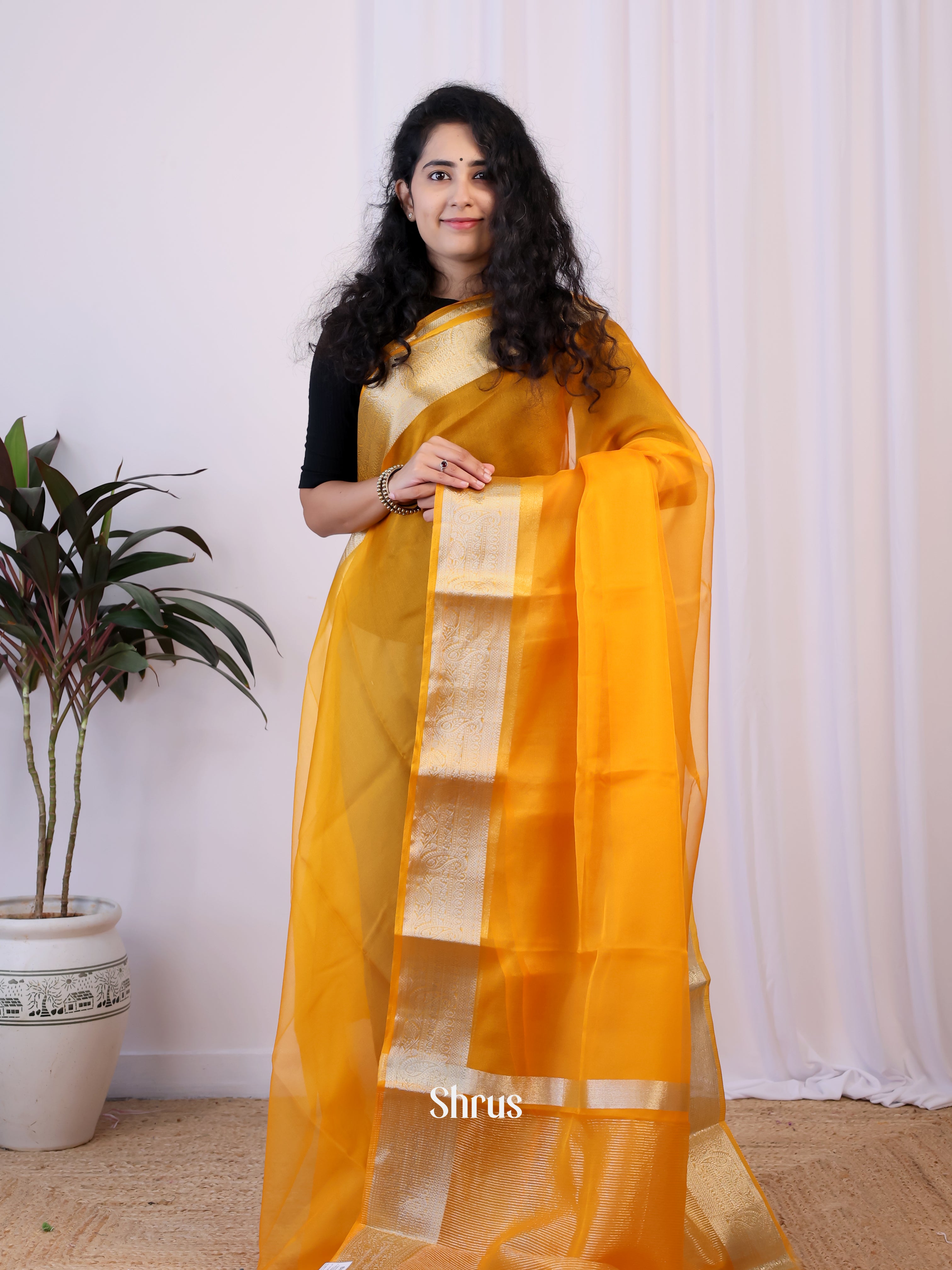 Orange - Semi Organza Saree - Shop on Shrus.com