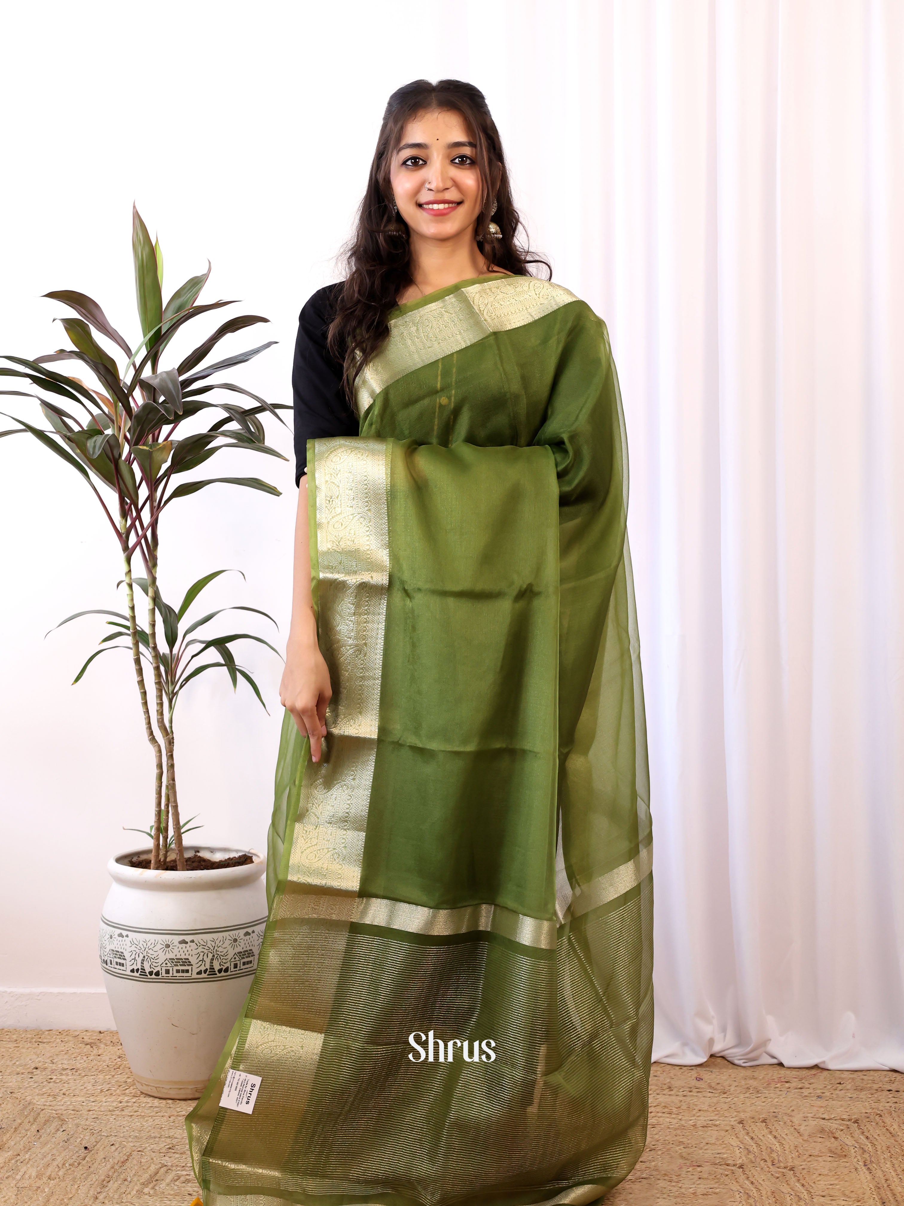 Green & Mehandi - Semi Organza Saree - Shop on Shrus.com