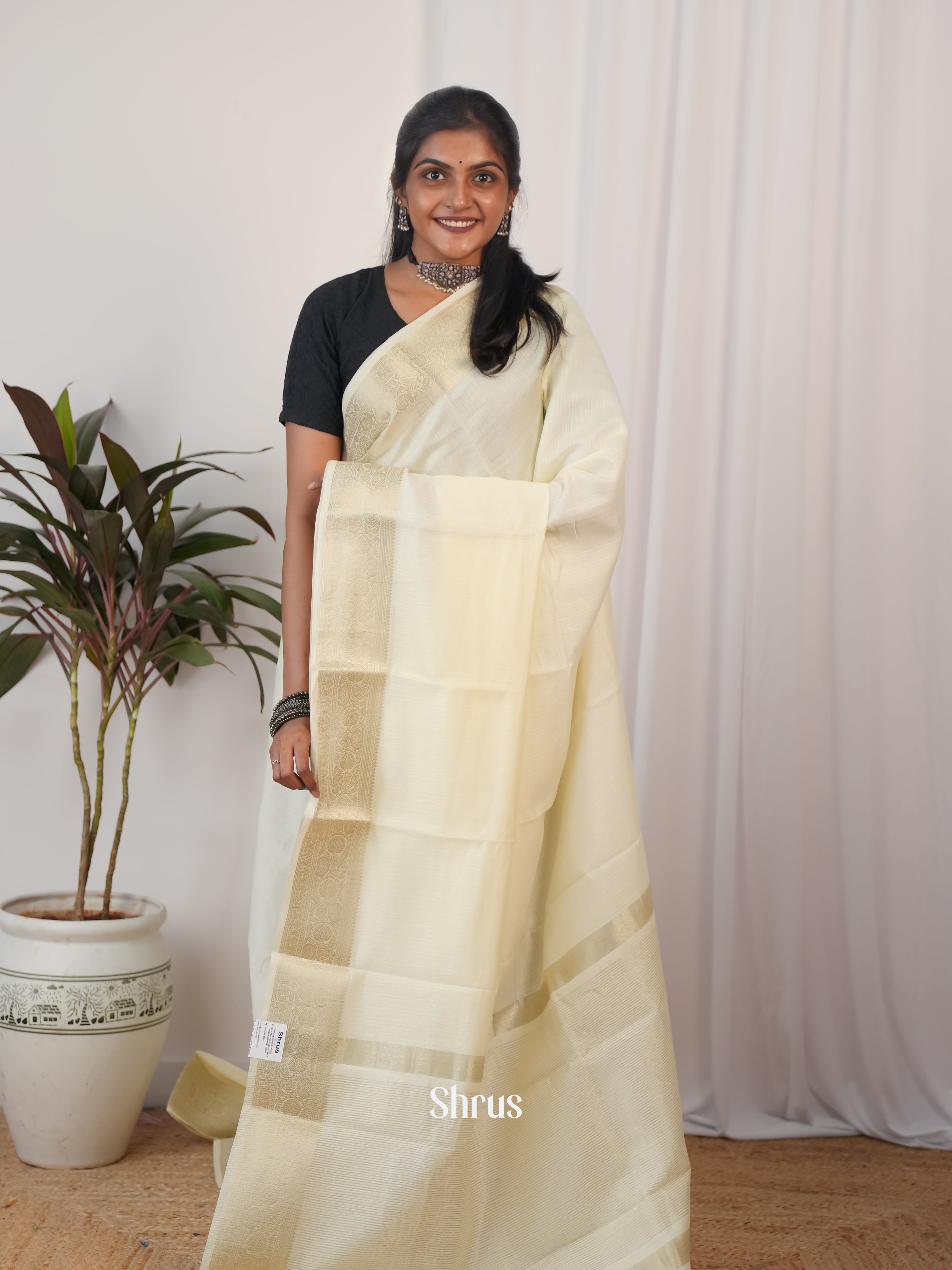 Cream - Semi Georgette Saree - Shop on Shrus.com