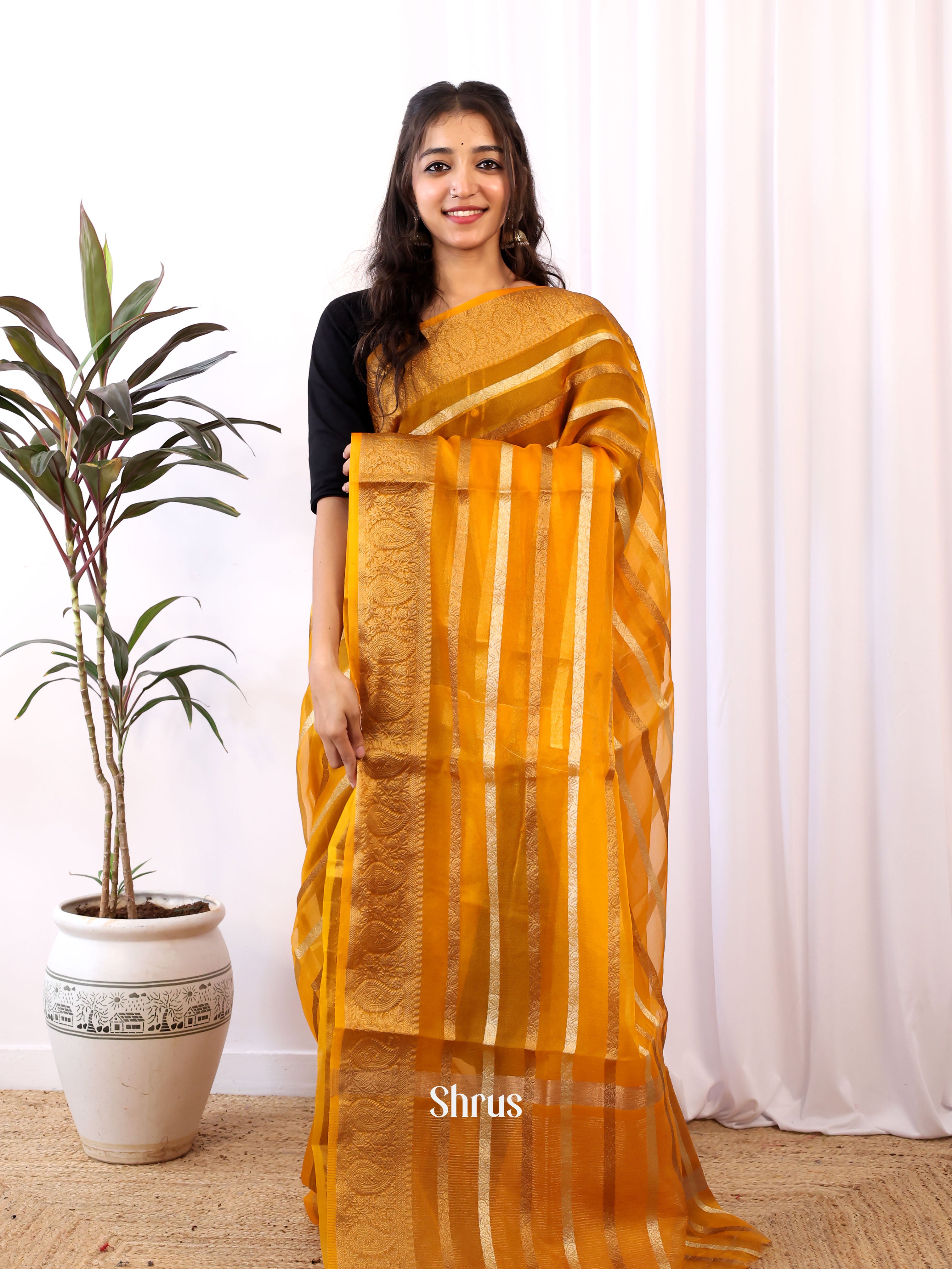 Mustard - Semi Organza Saree - Shop on Shrus.com