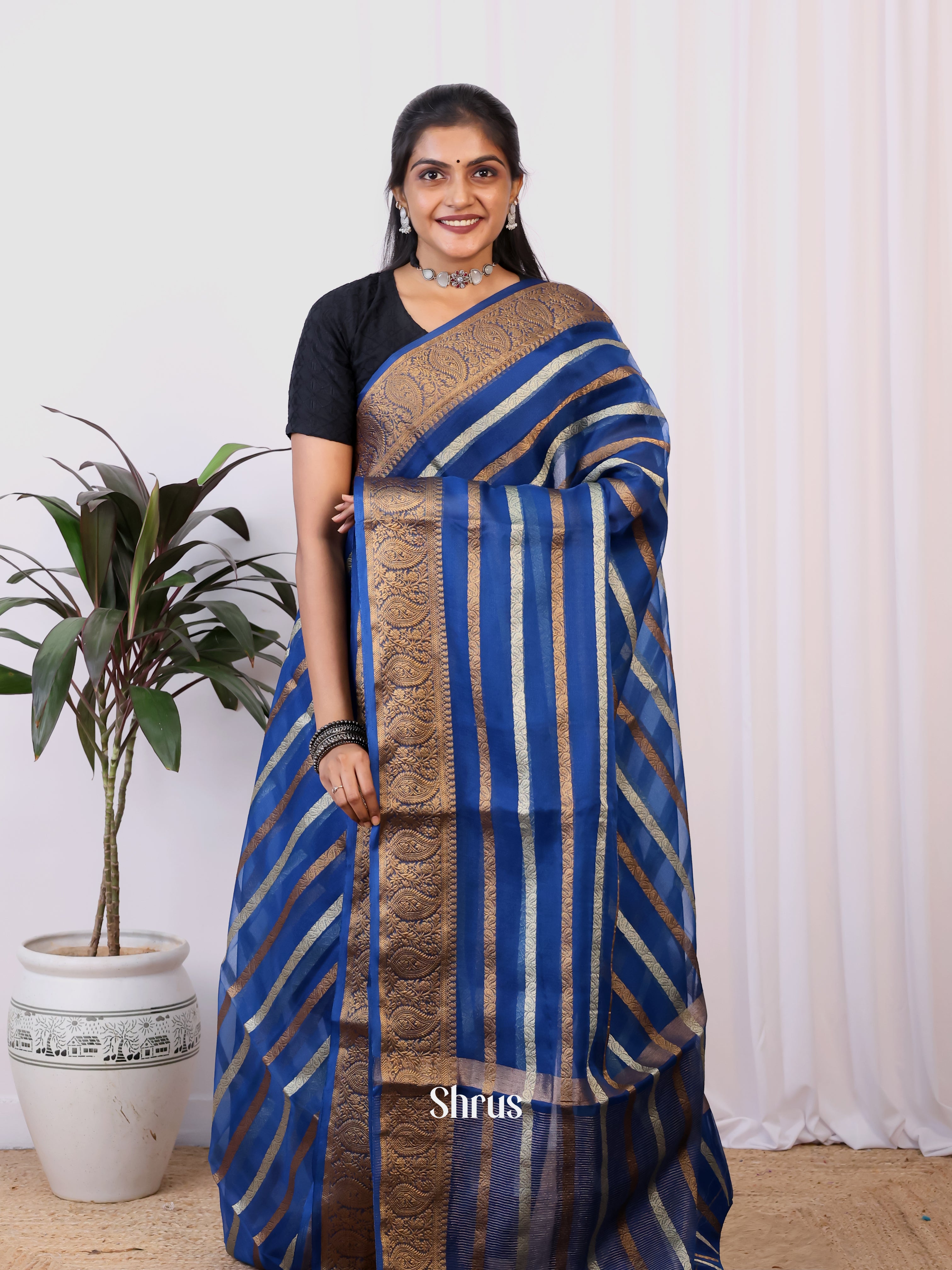 Blue - Semi Organza Saree - Shop on Shrus.com