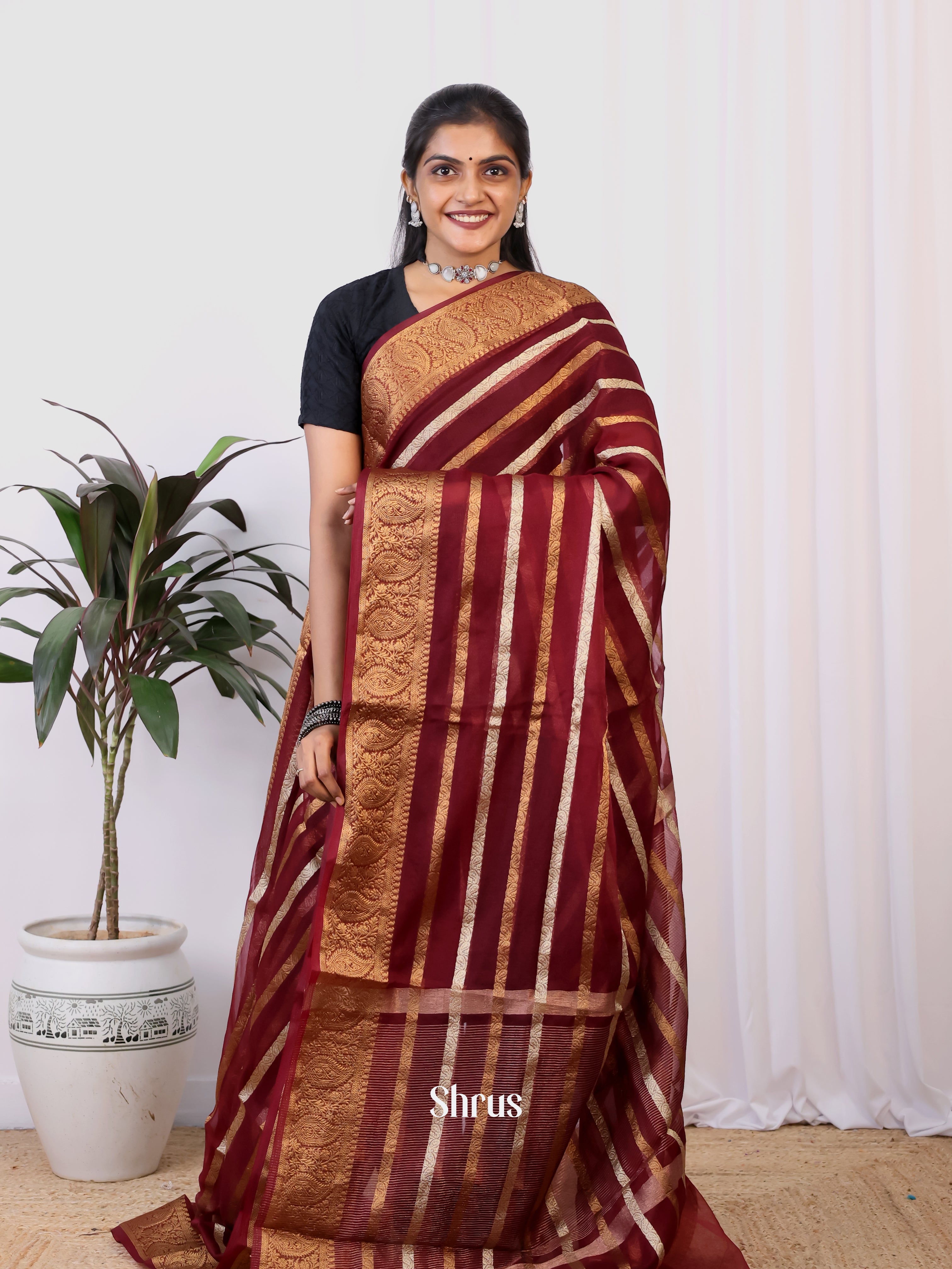 Maroon - Semi Organza Saree - Shop on Shrus.com