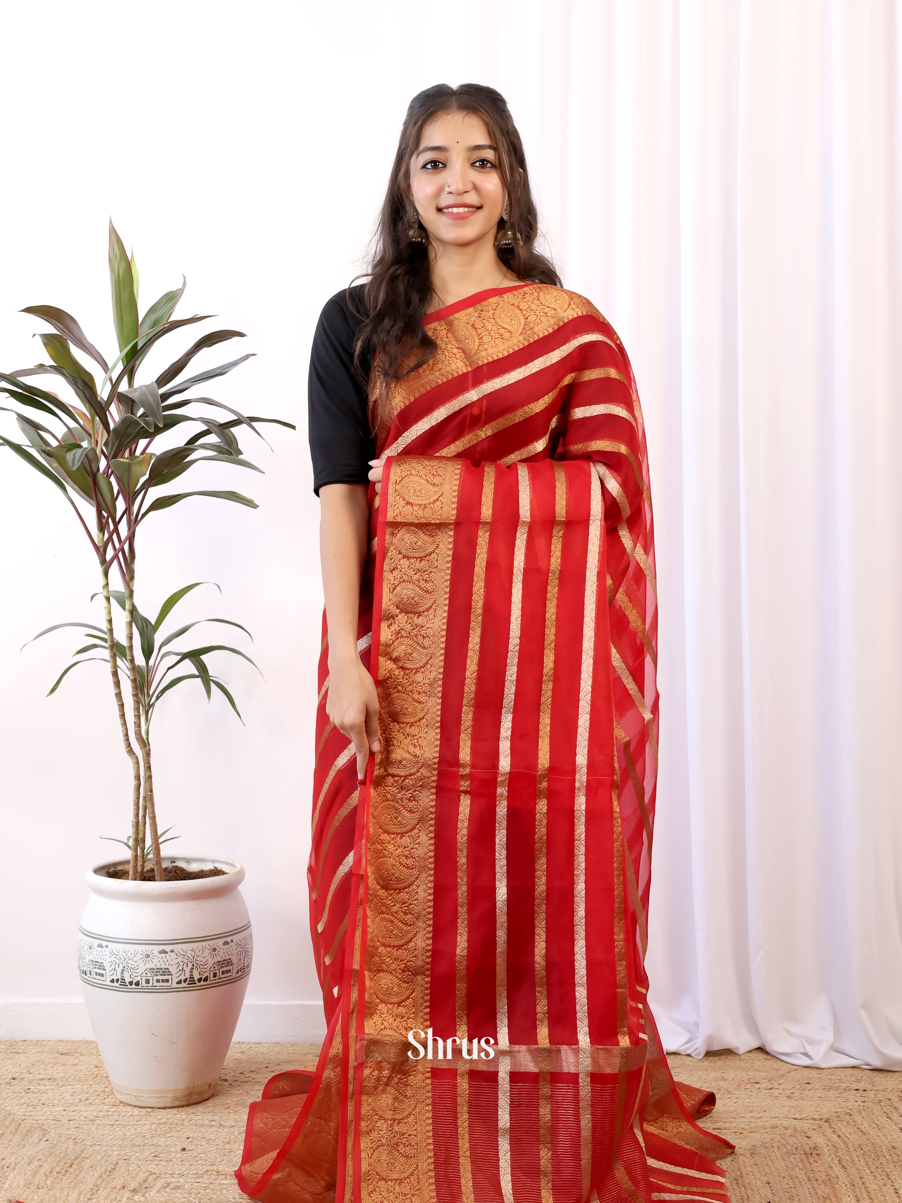 Red - Semi Organza Saree - Shop on Shrus.com