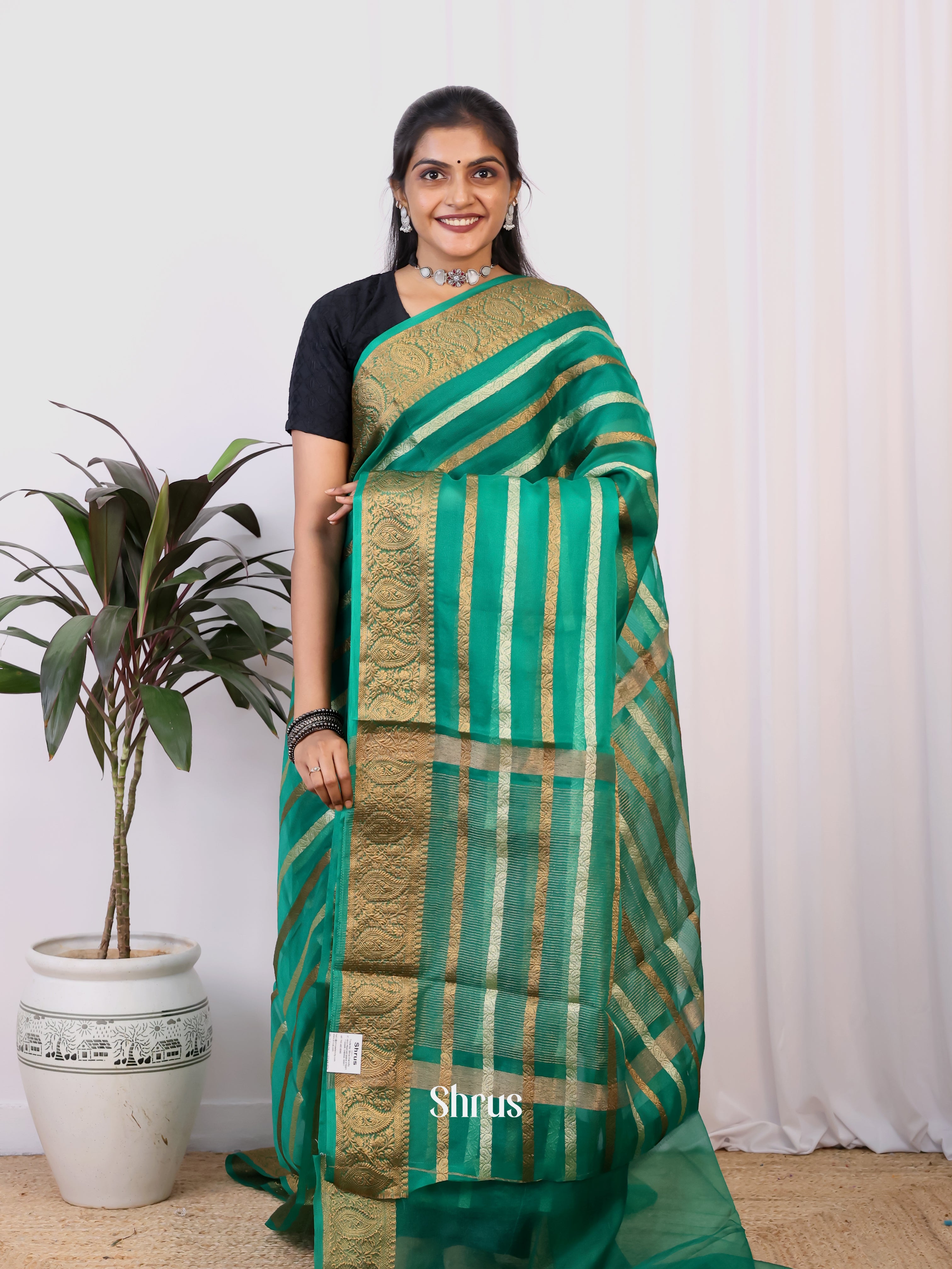 Green- Semi Organza Saree - Shop on Shrus.com