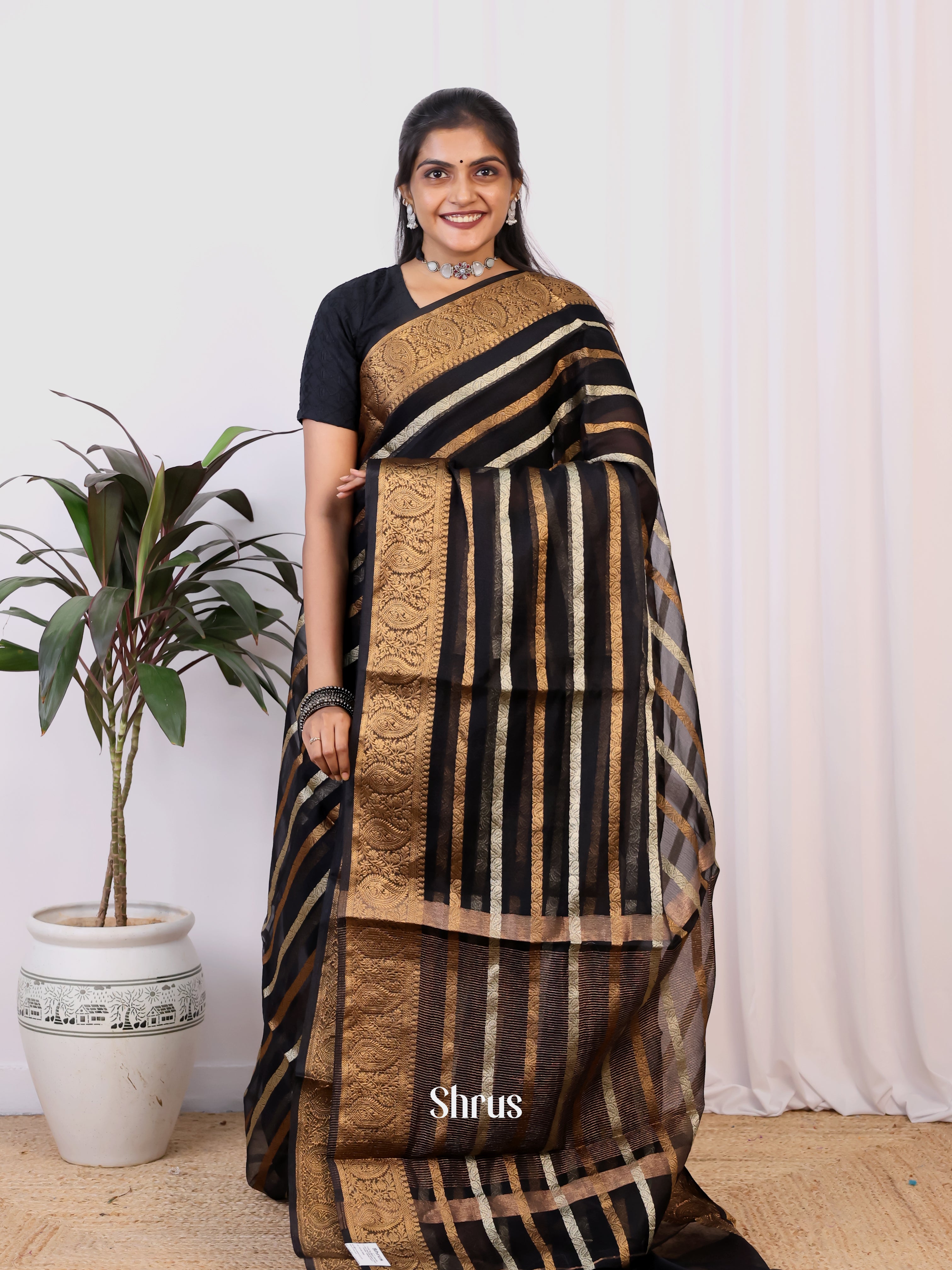 Black - Semi Organza Saree - Shop on Shrus.com