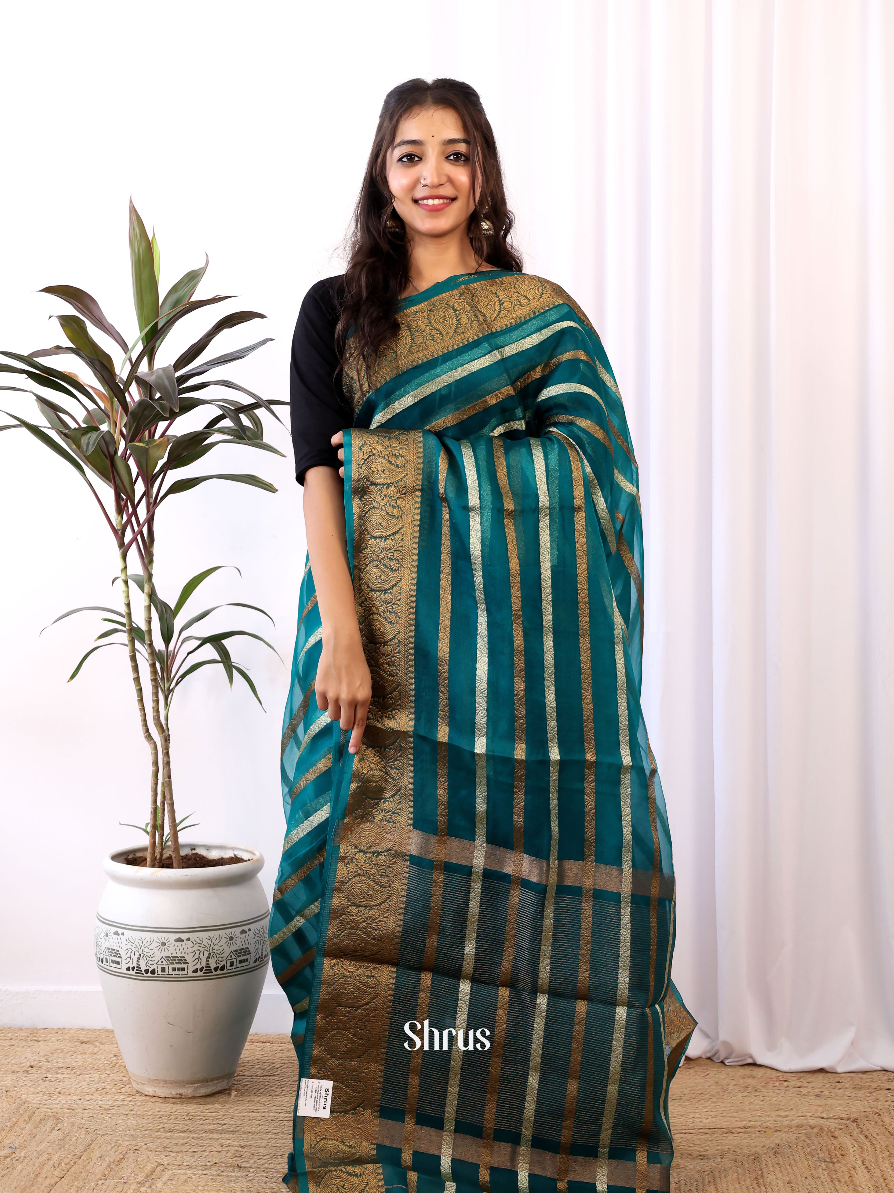 Peacock Green- Semi Organza Saree - Shop on Shrus.com