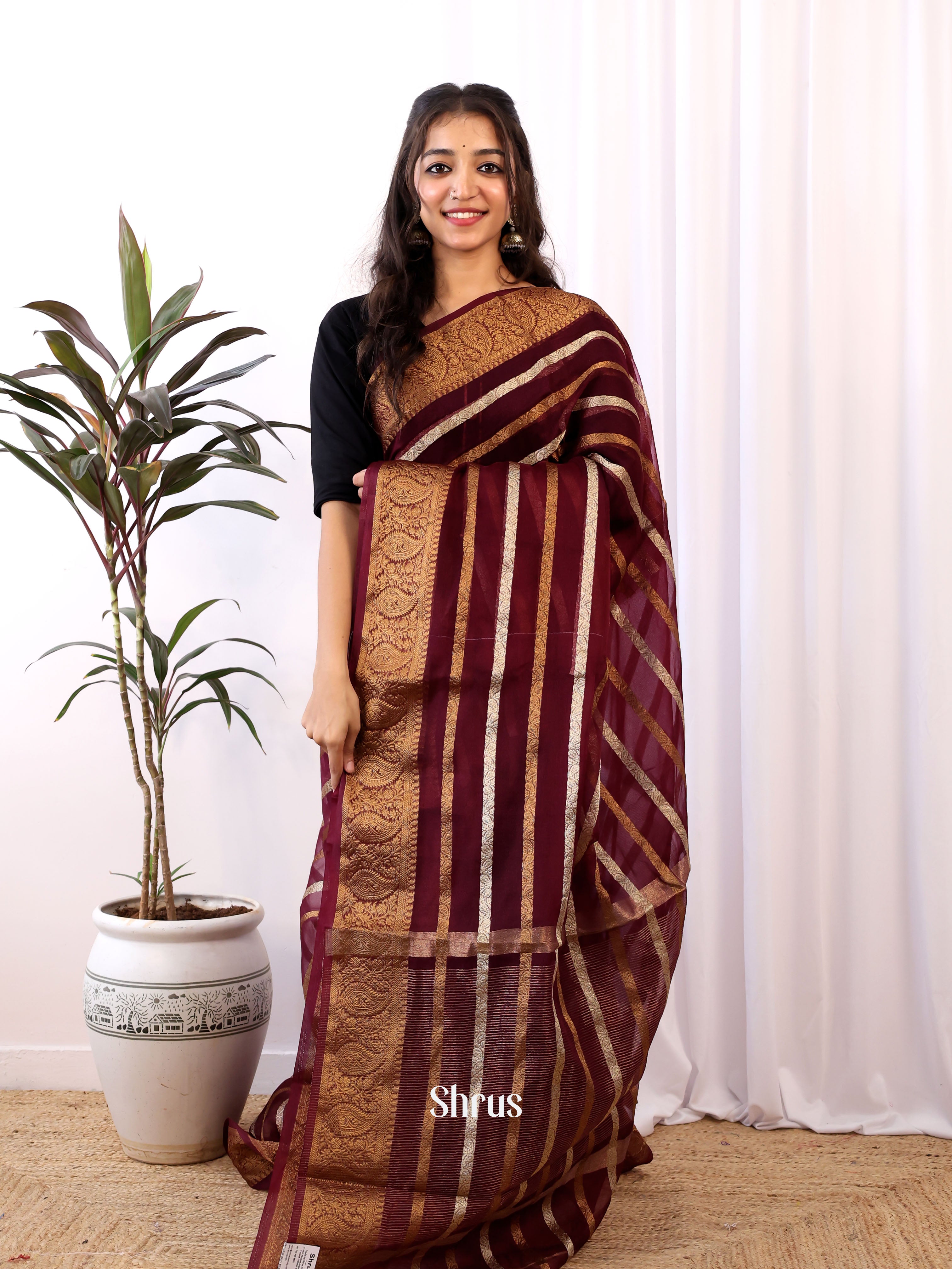 Maroon - Semi Organza Saree - Shop on Shrus.com