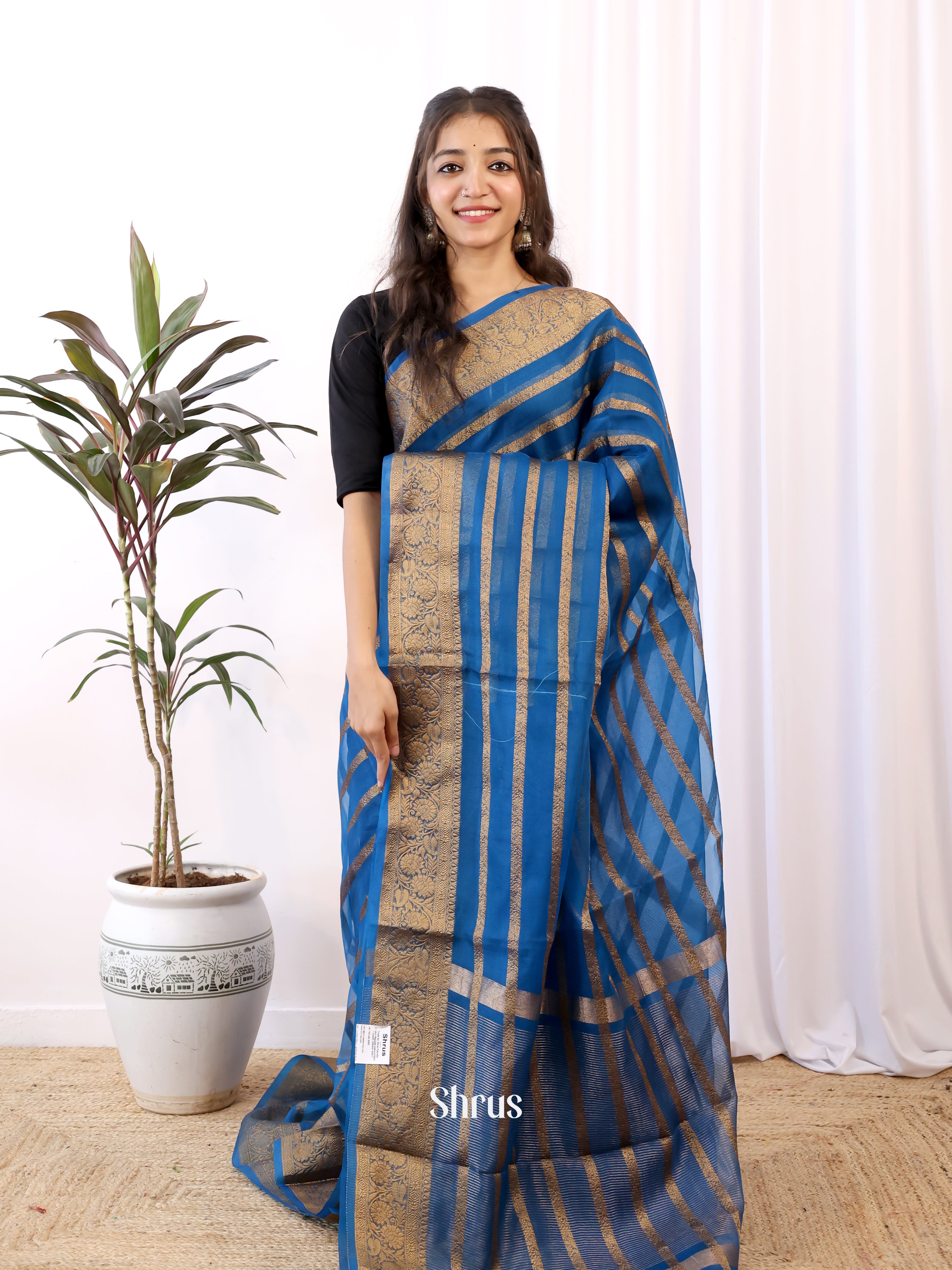 Blue - Semi Organza Saree - Shop on Shrus.com