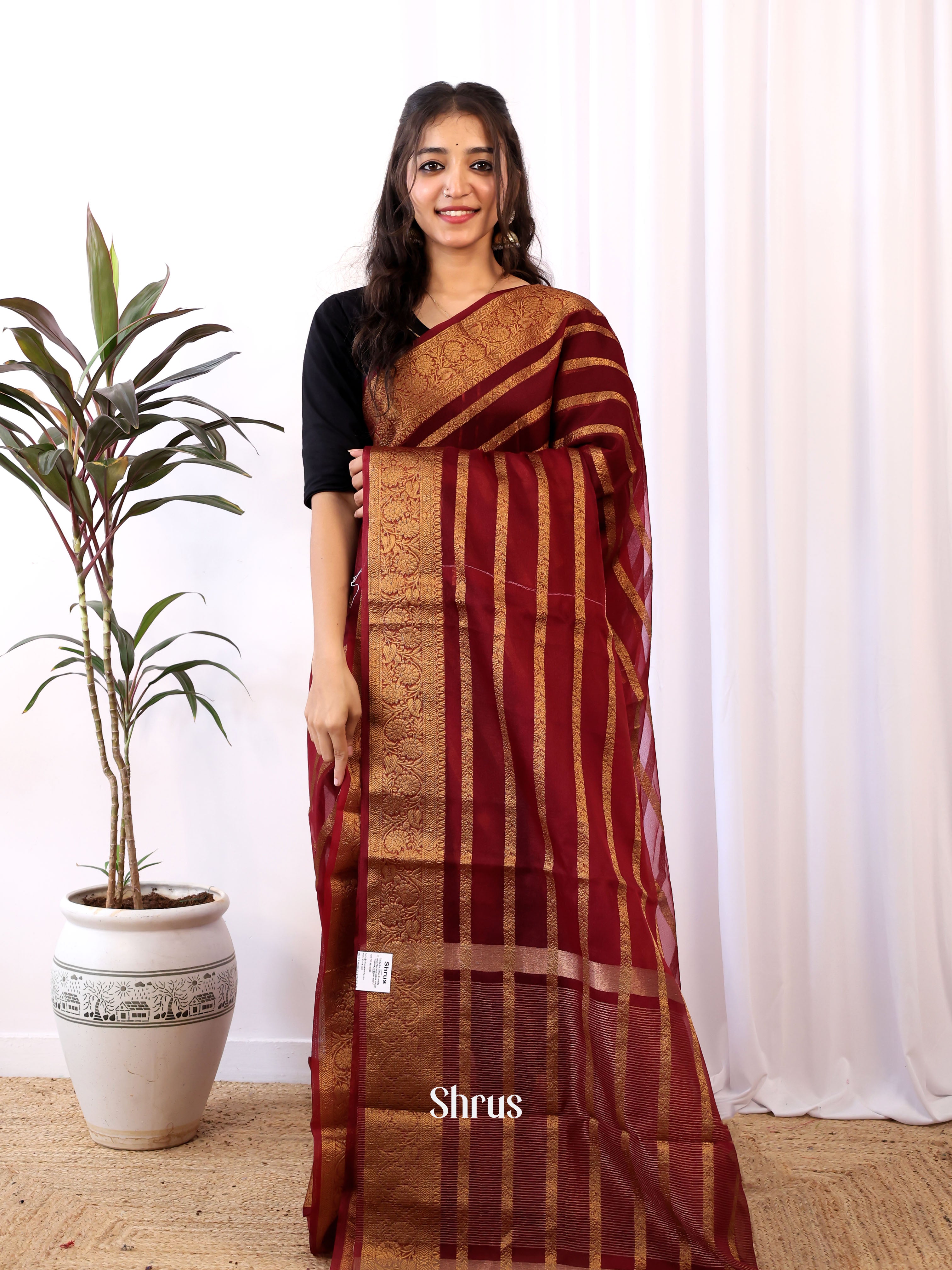 Maroon - Semi Organza Saree - Shop on Shrus.com