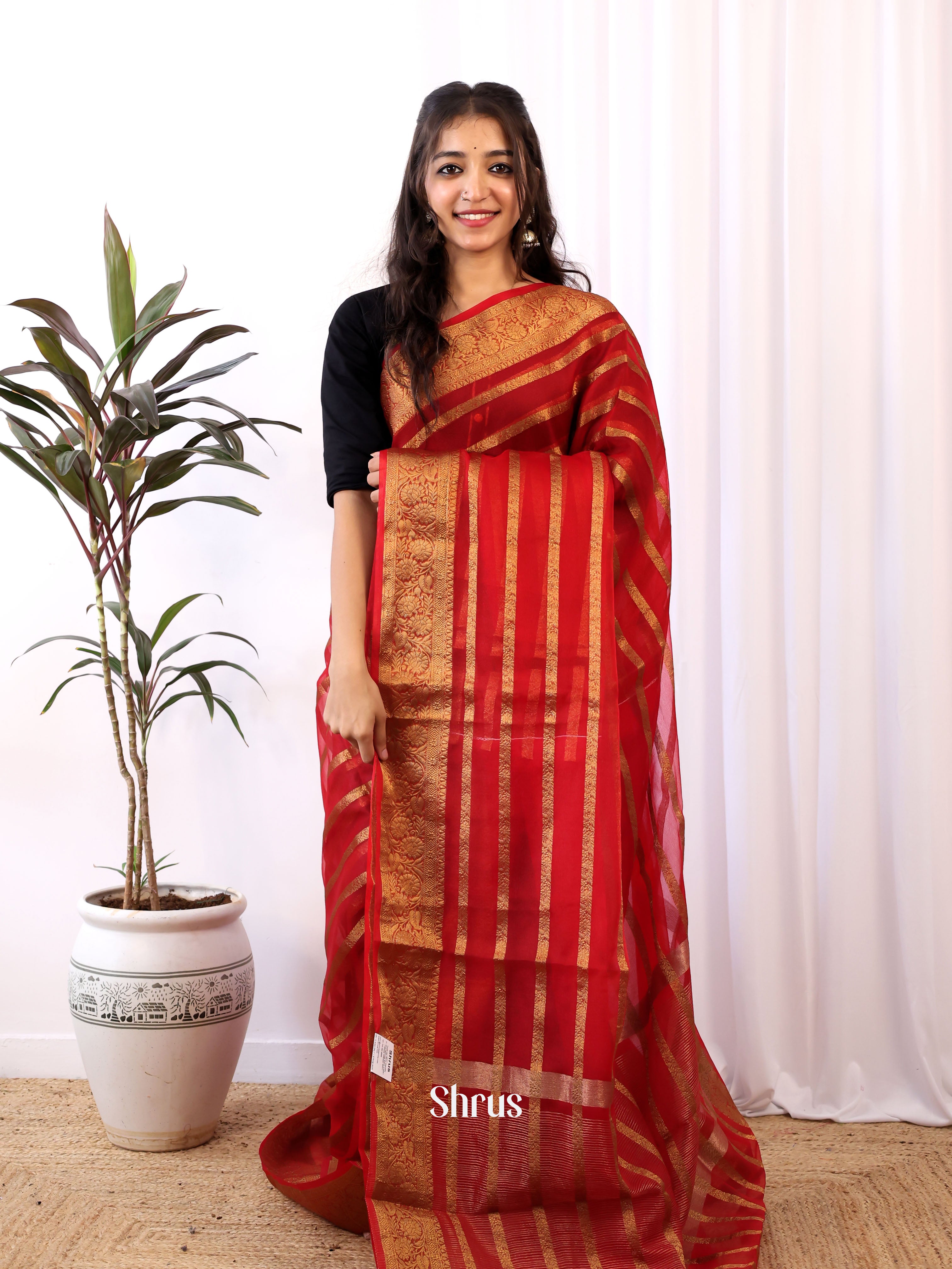 Red - Semi Organza Saree - Shop on Shrus.com