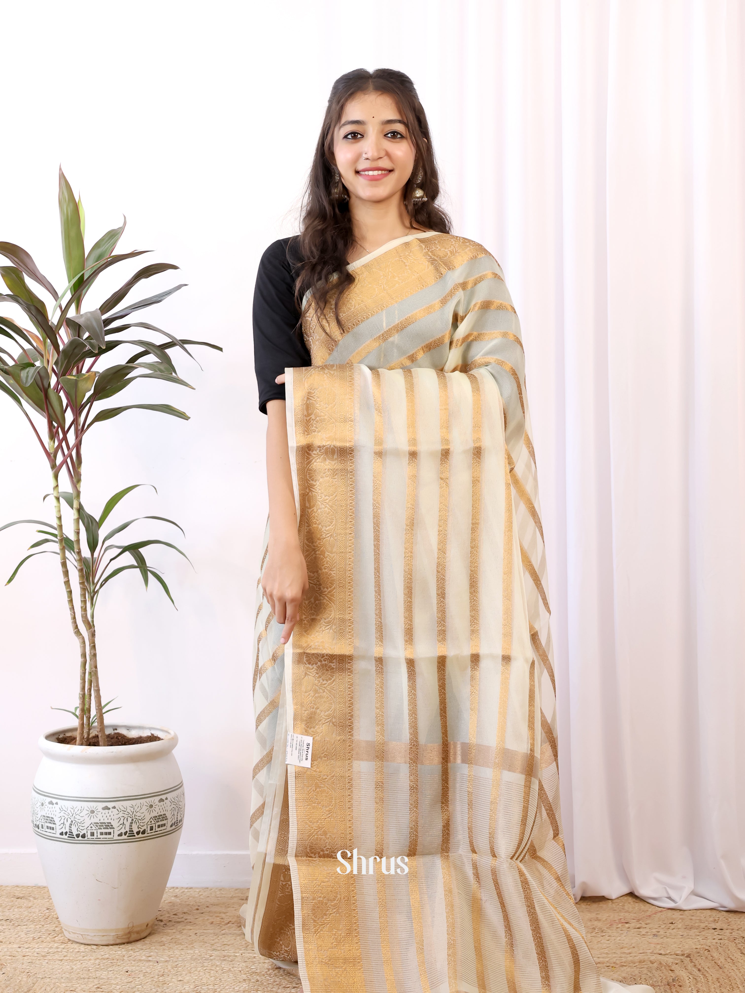 Cream - Semi Organza Saree - Shop on Shrus.com
