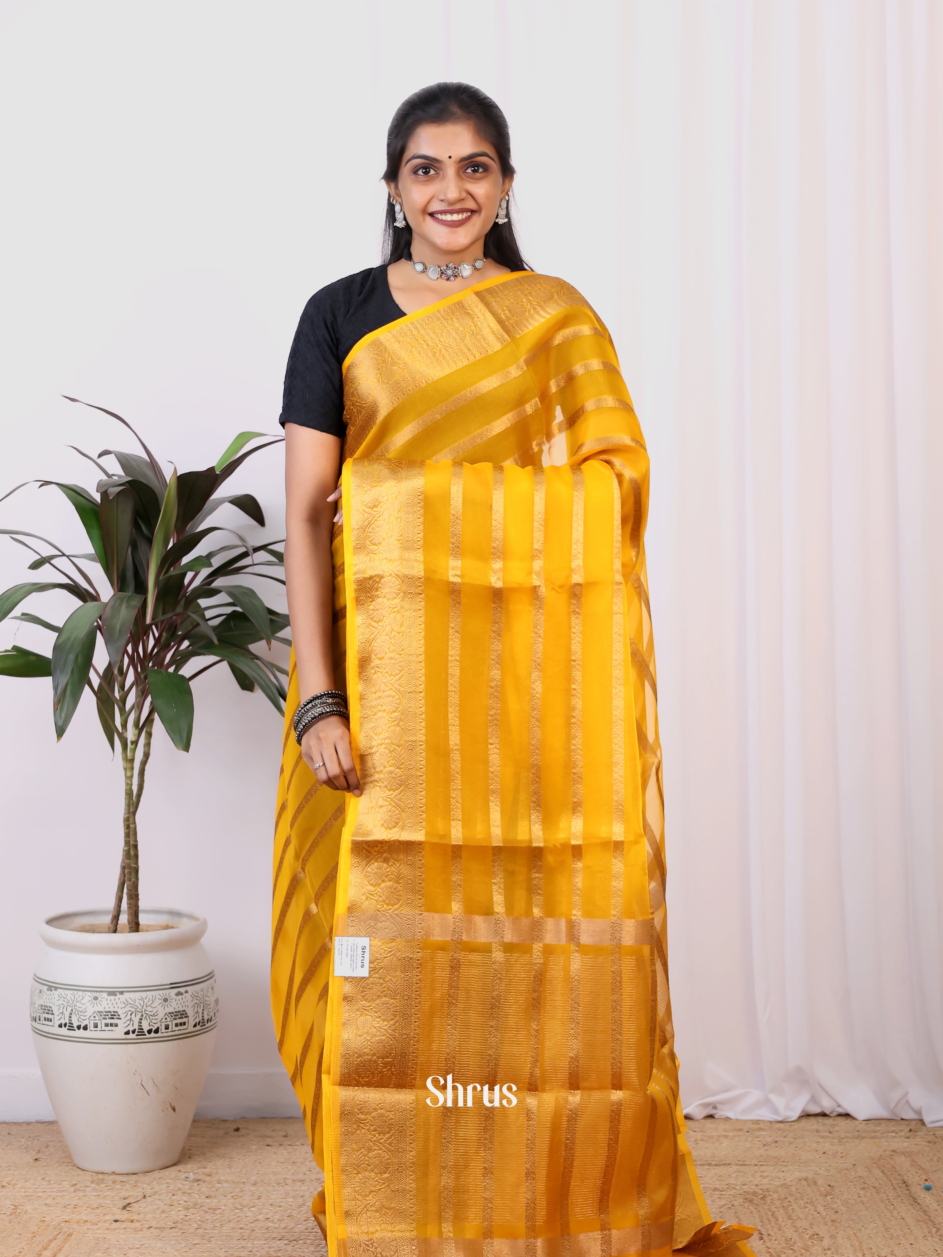 Yellow - Semi Organza Saree - Shop on Shrus.com