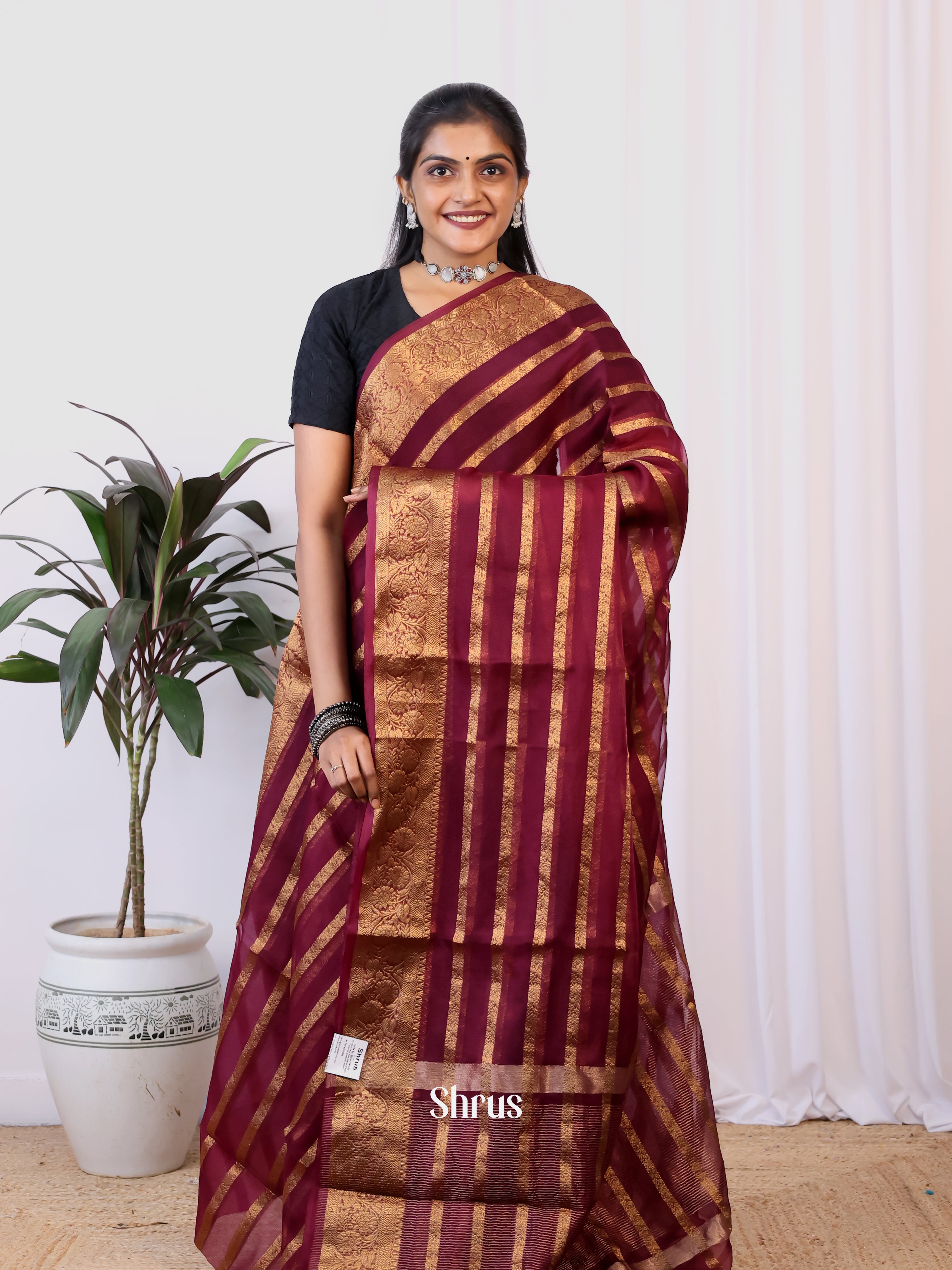 Maroon- Semi Organza Saree - Shop on Shrus.com