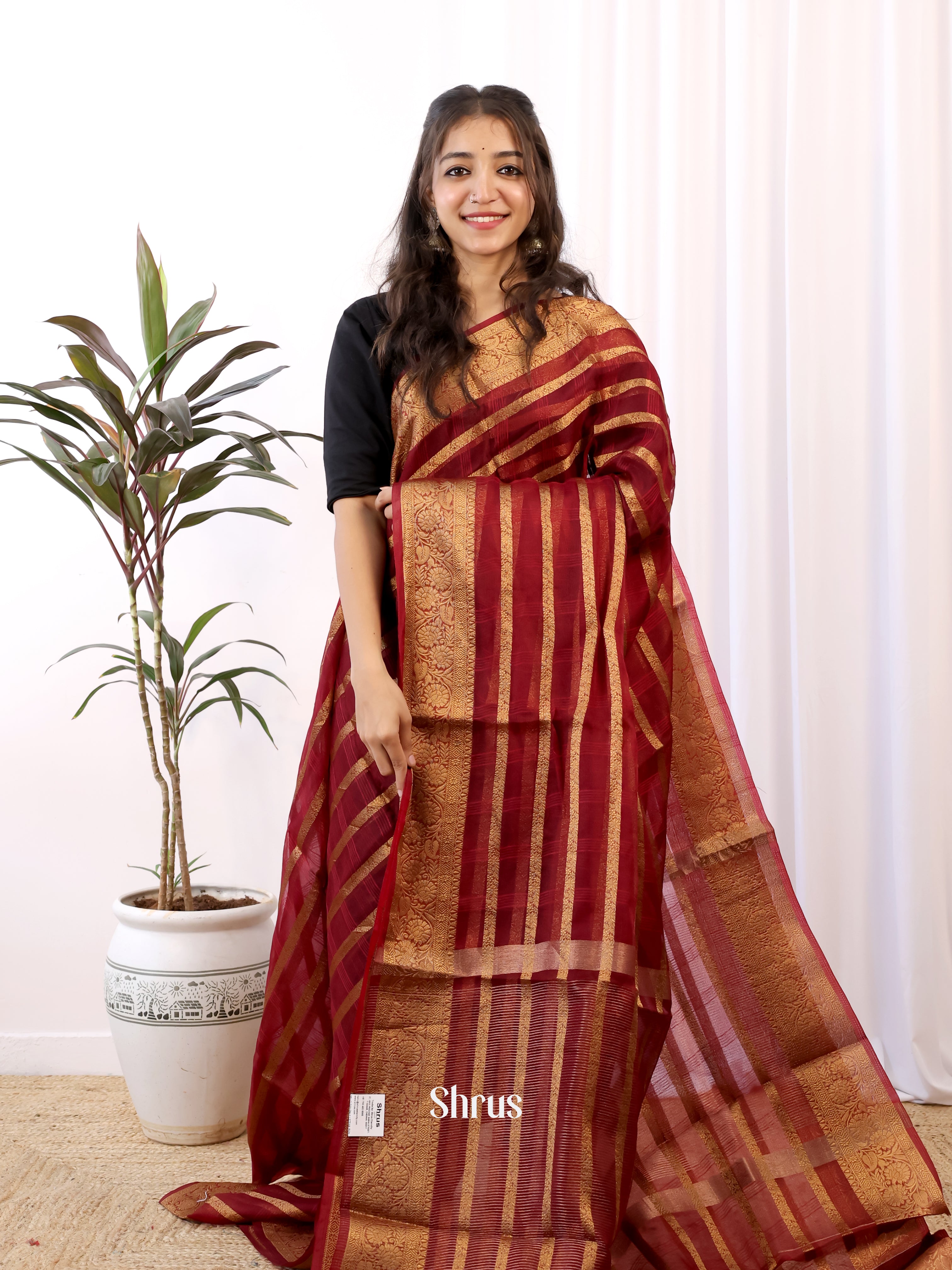 Maroon - Semi Organza Saree - Shop on Shrus.com