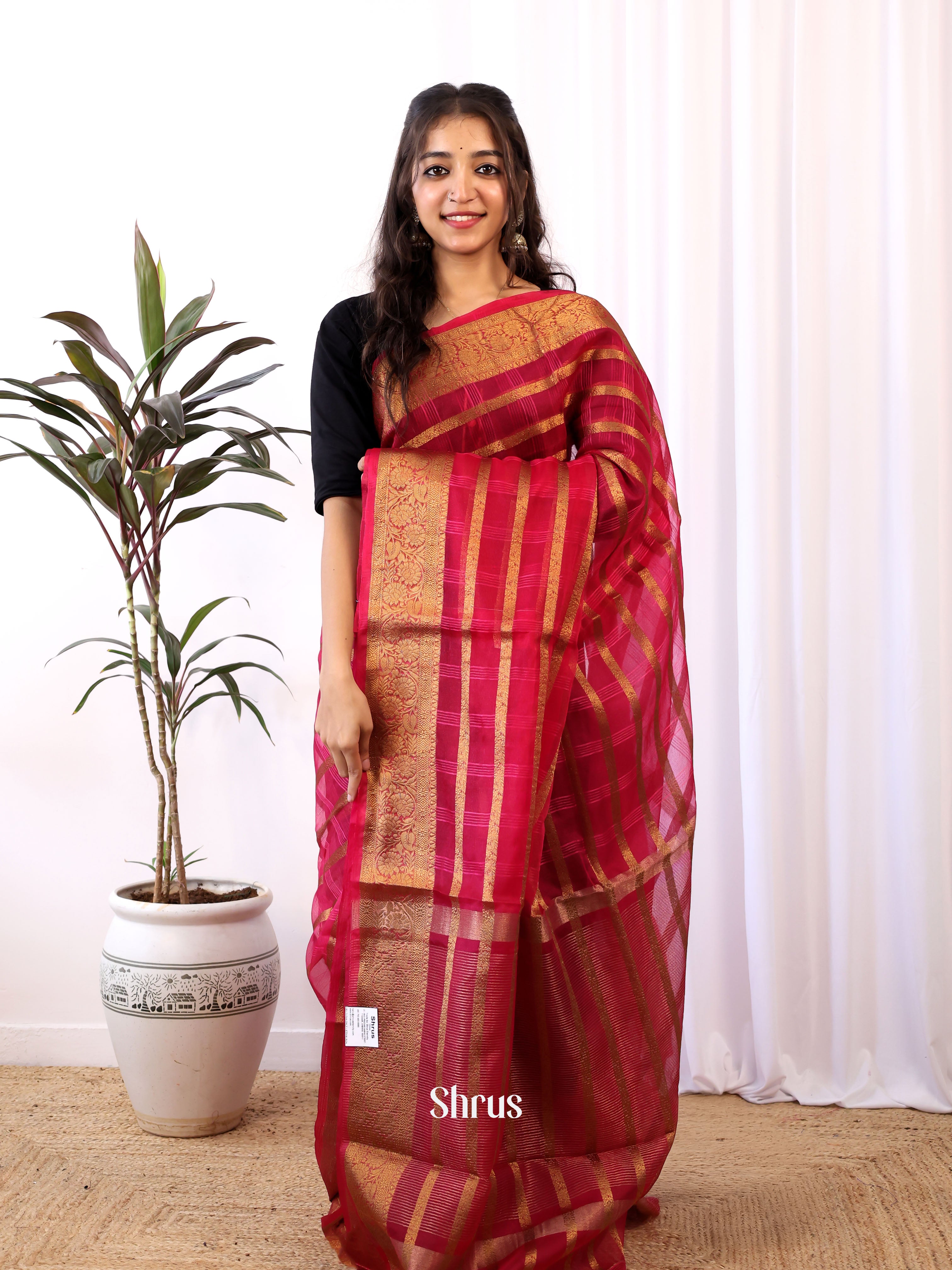 Maroon - Semi Organza Saree - Shop on Shrus.com