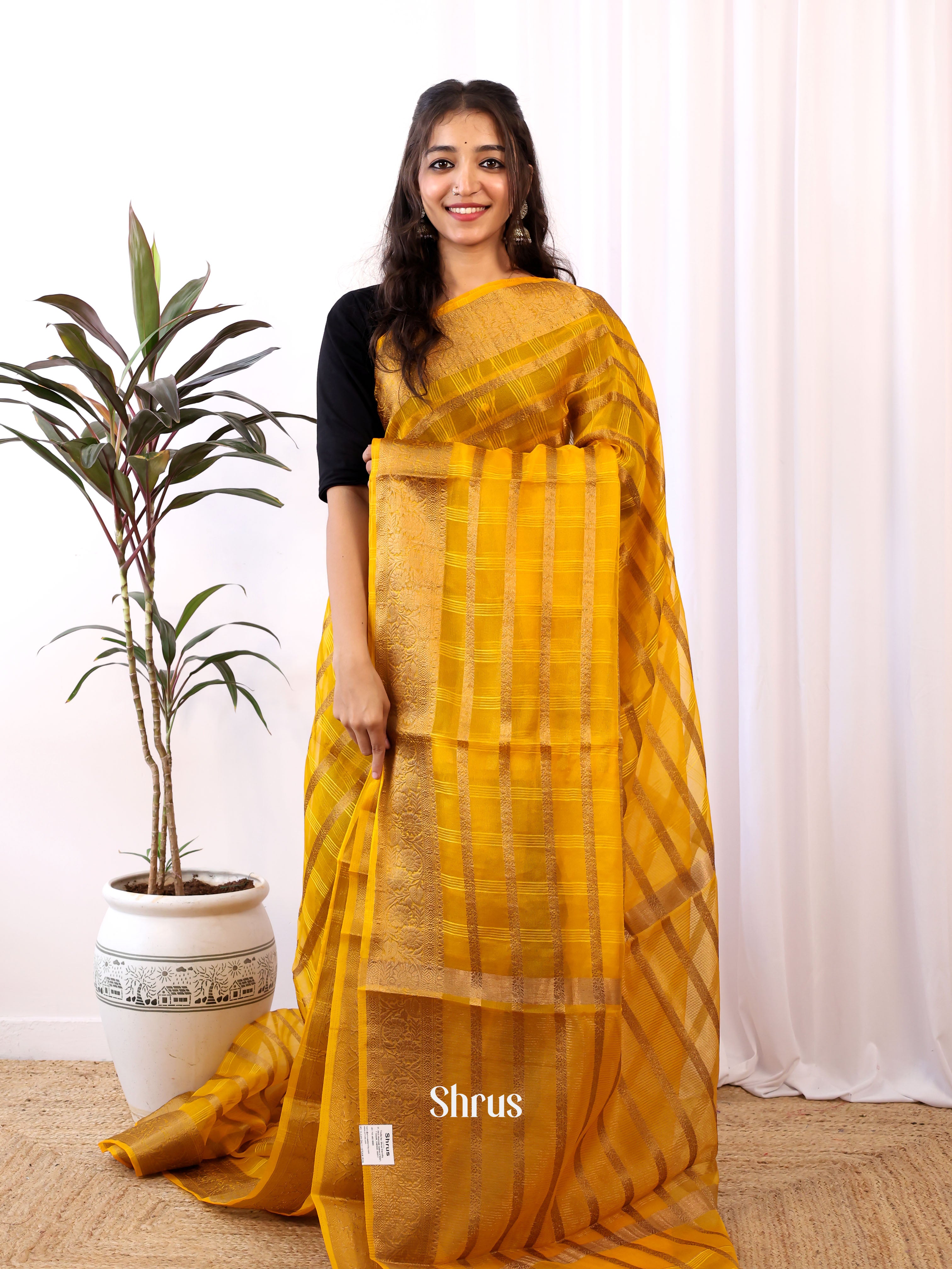 Yellow - Semi Organza Saree - Shop on Shrus.com