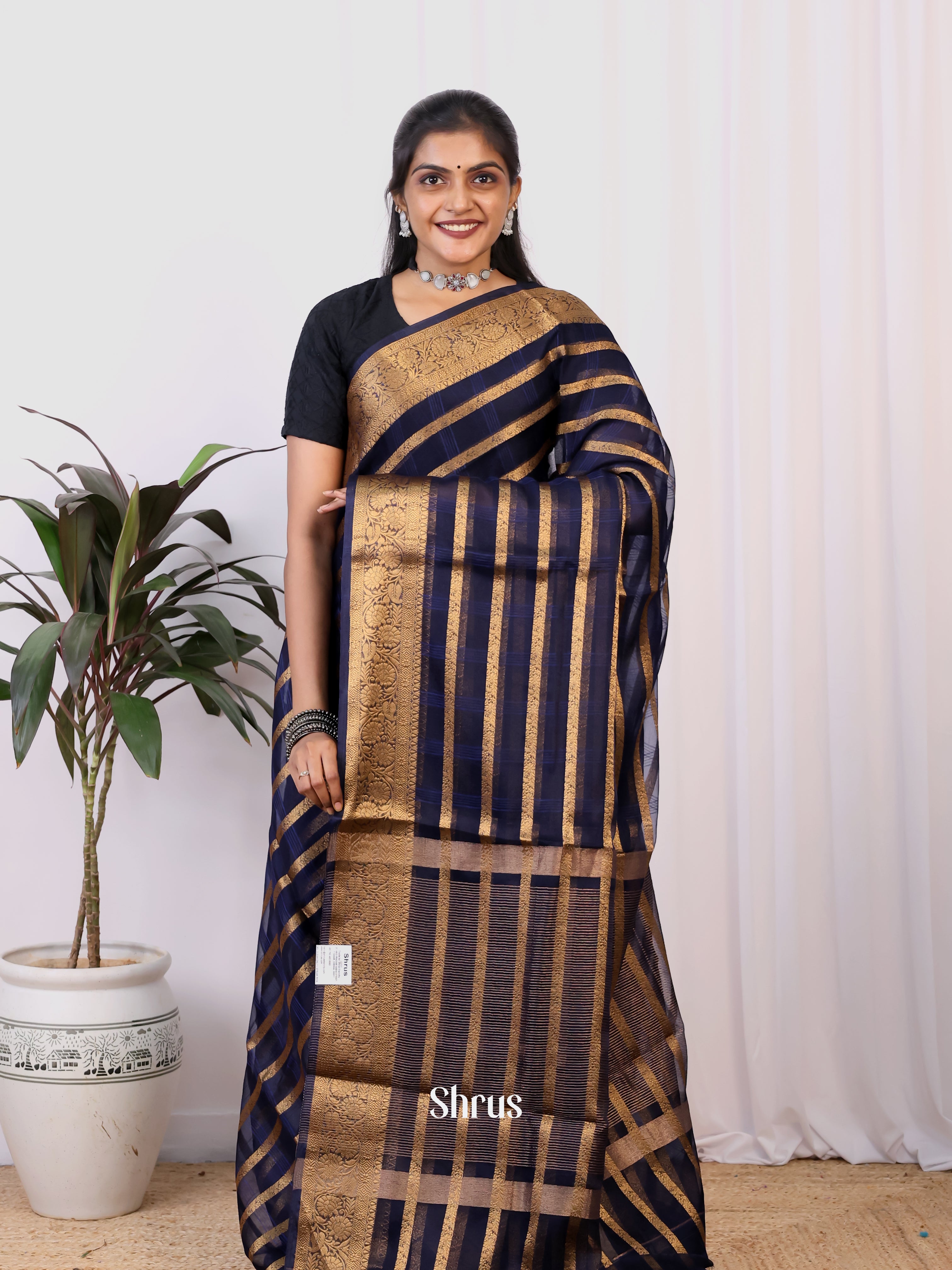 Blue - Semi Organza Saree - Shop on Shrus.com