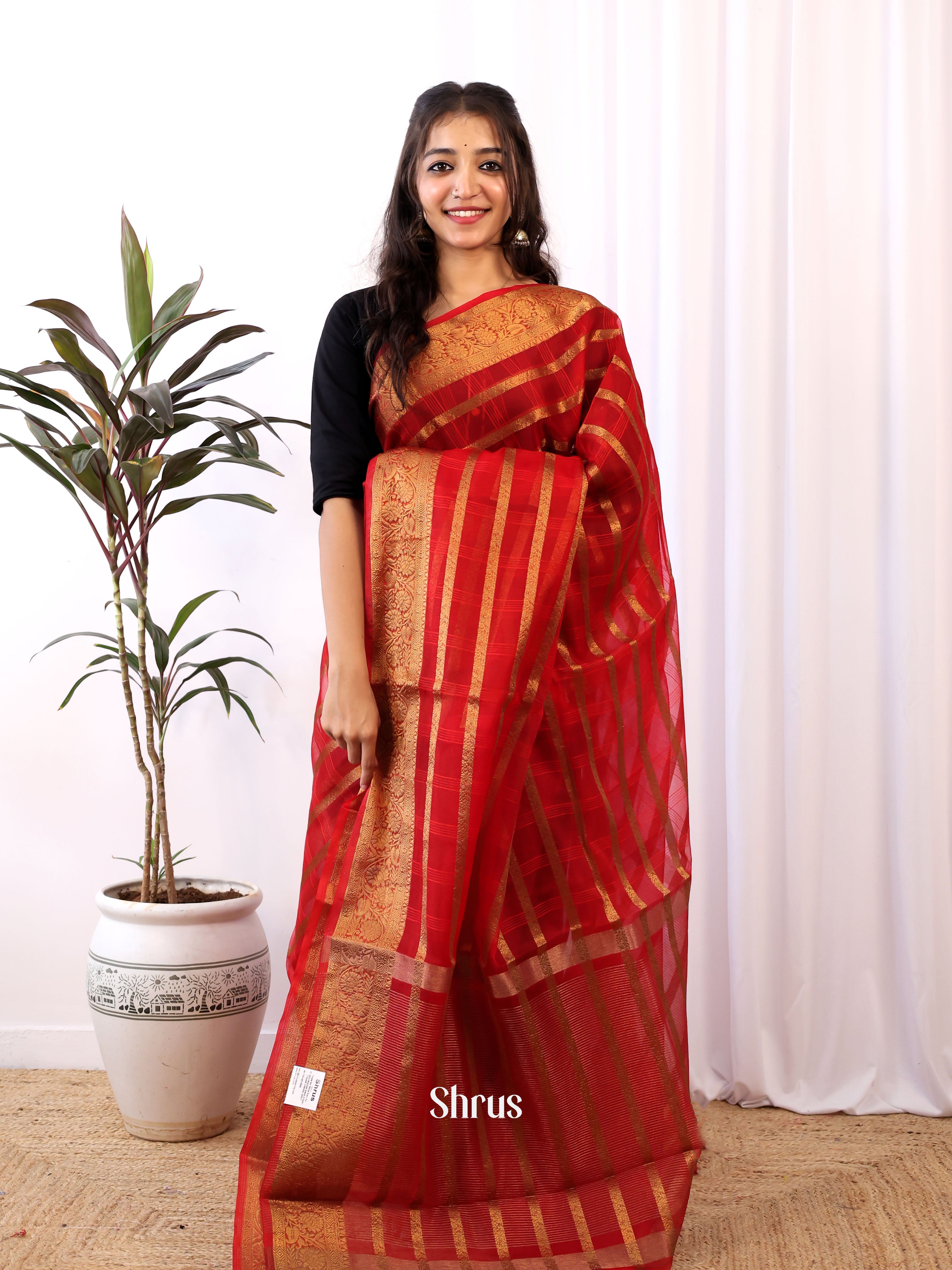 Red - Semi Organza Saree - Shop on Shrus.com