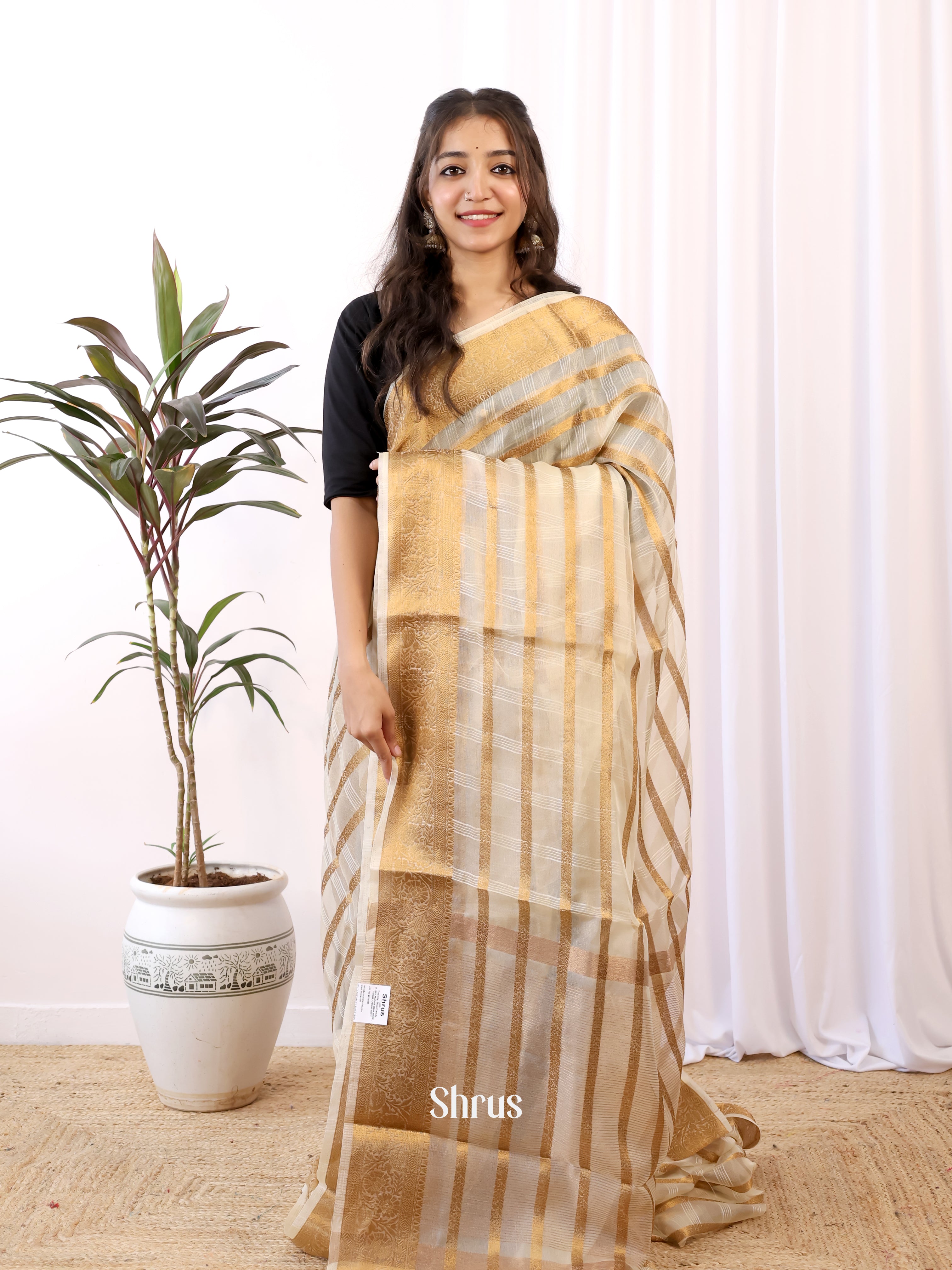 Cream - Semi Organza Saree - Shop on Shrus.com