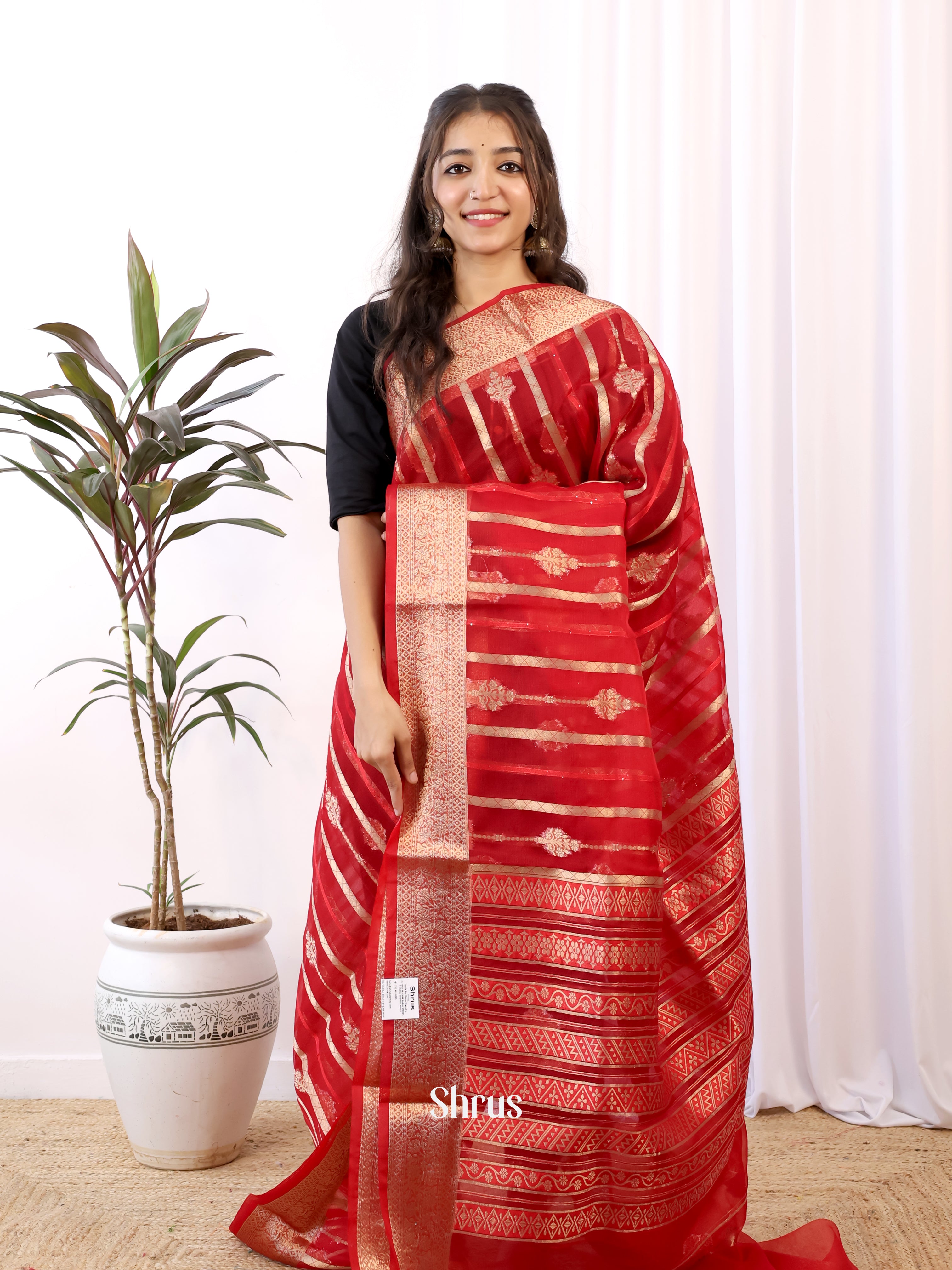 Red - Semi Organza Saree - Shop on Shrus.com