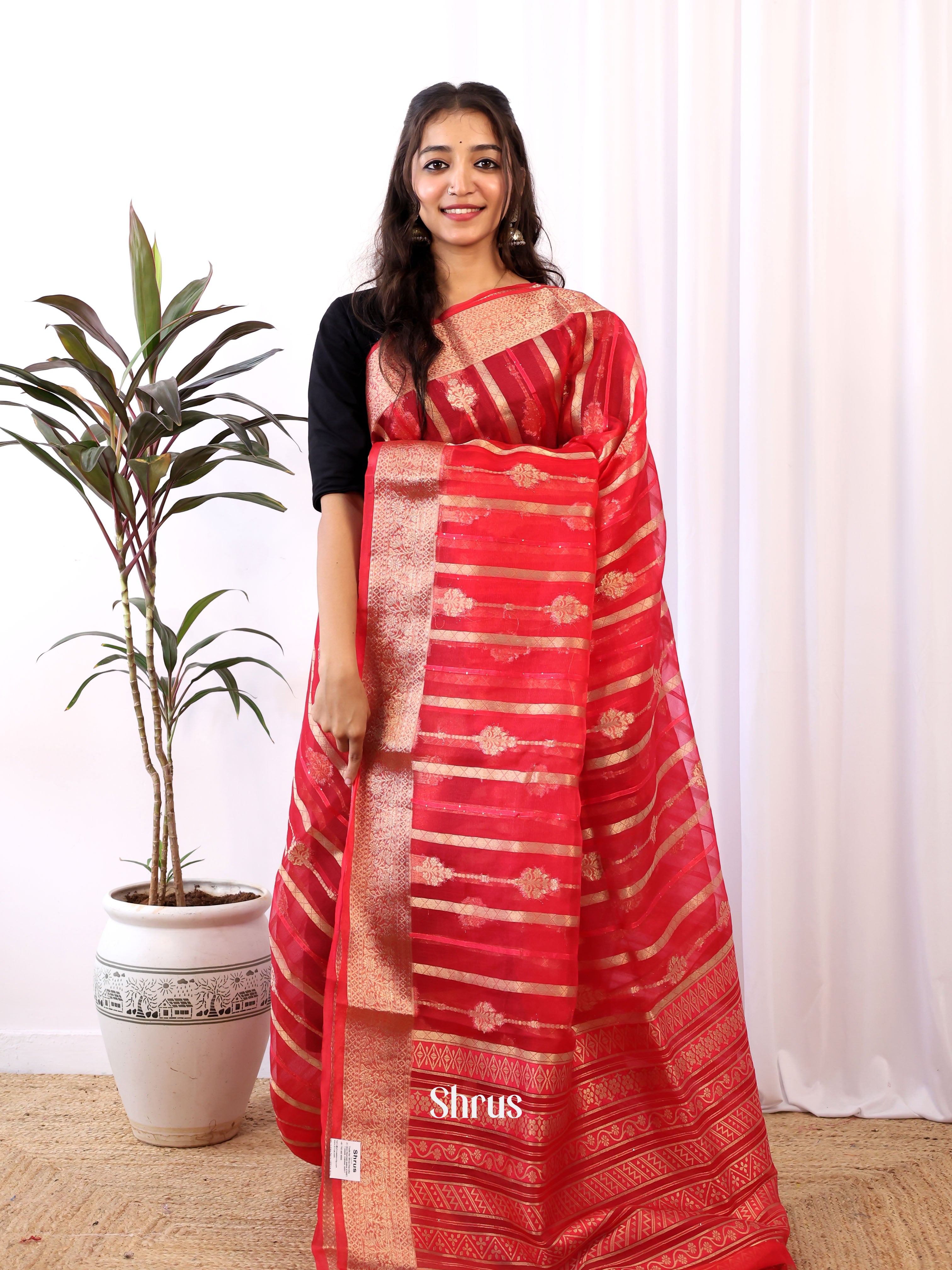Red - Semi Organza Saree - Shop on Shrus.com