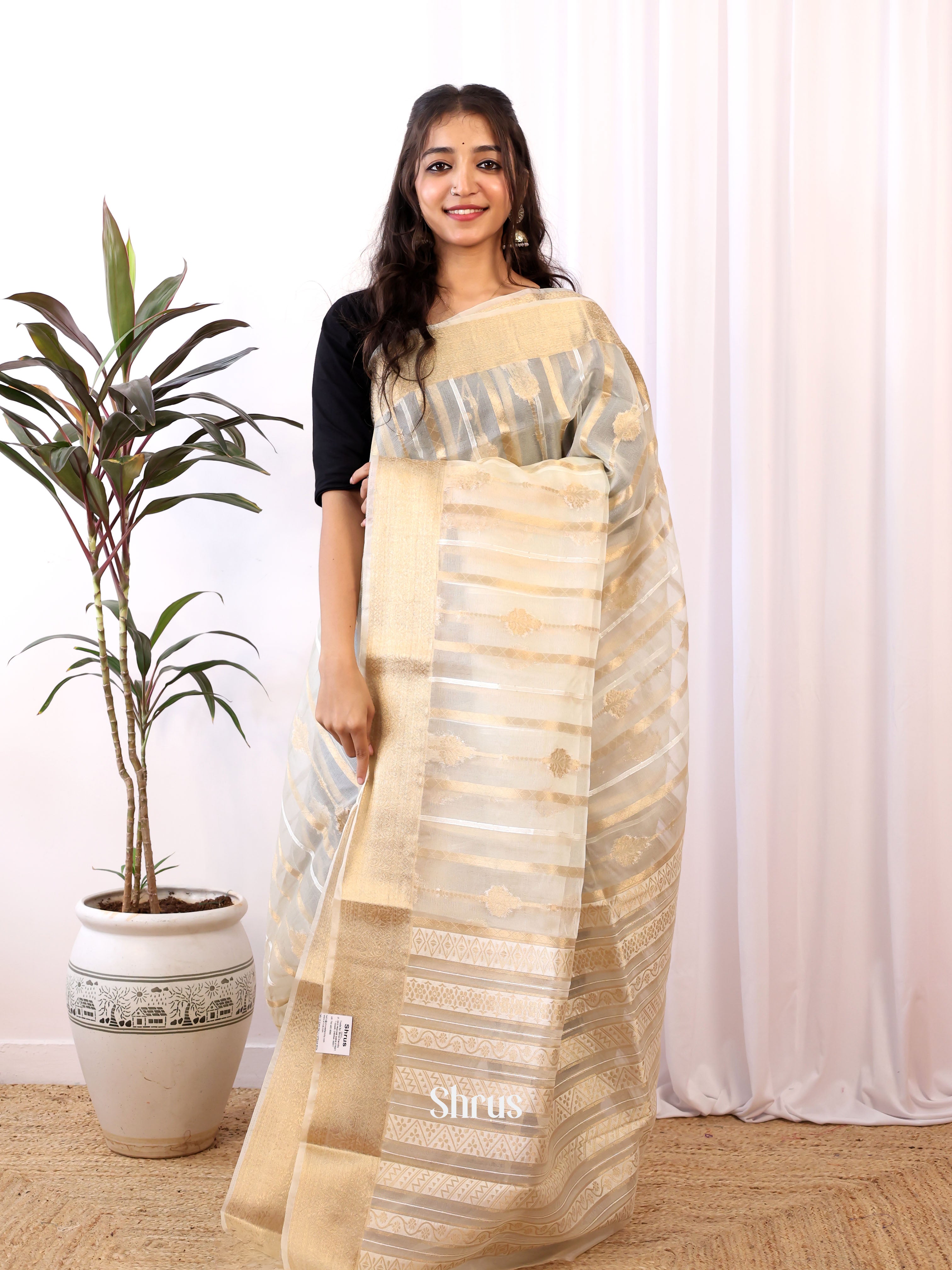 Cream & Red - Semi Organza Saree - Shop on Shrus.com
