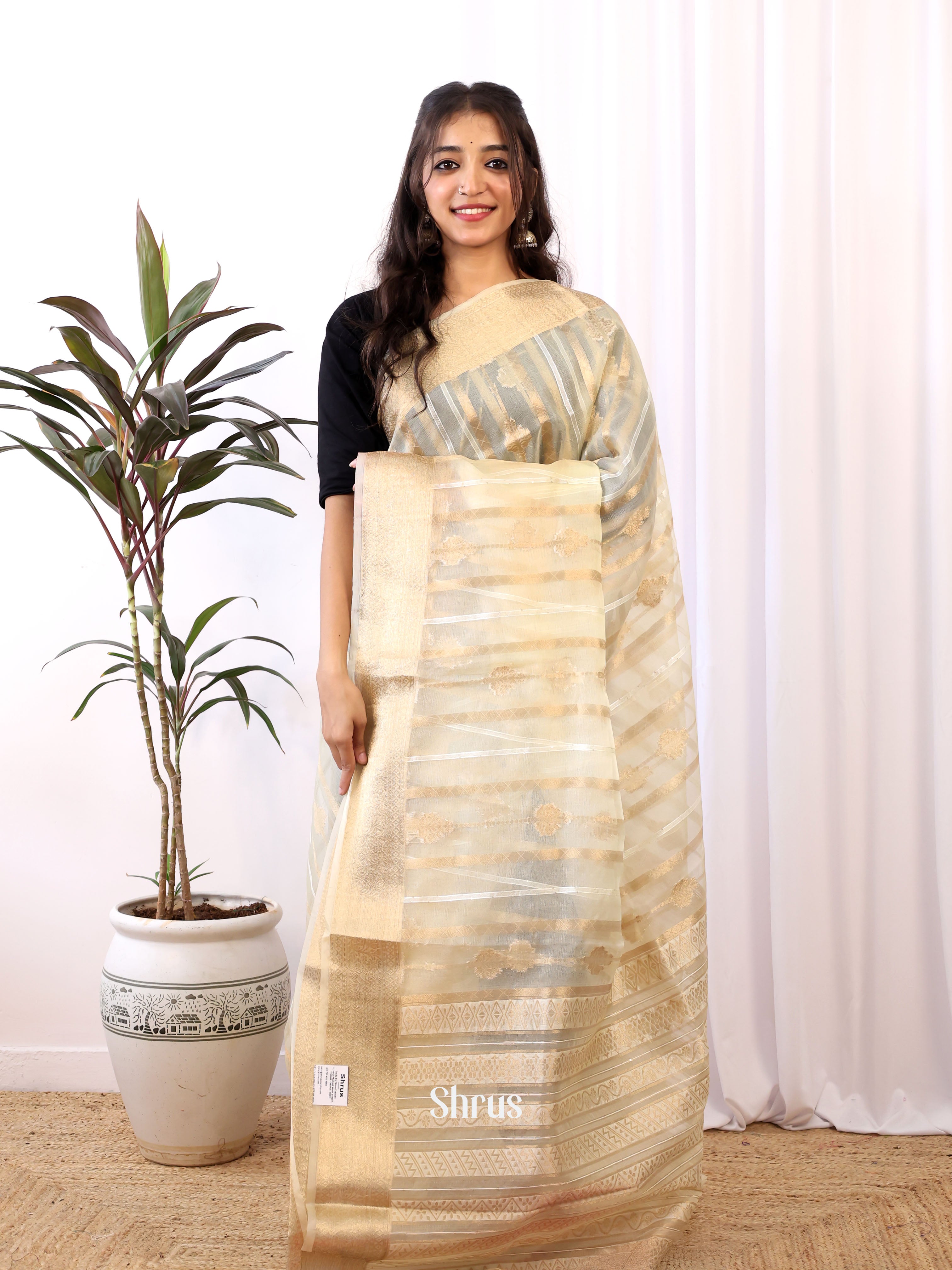 Cream & Red - Semi Organza Saree - Shop on Shrus.com