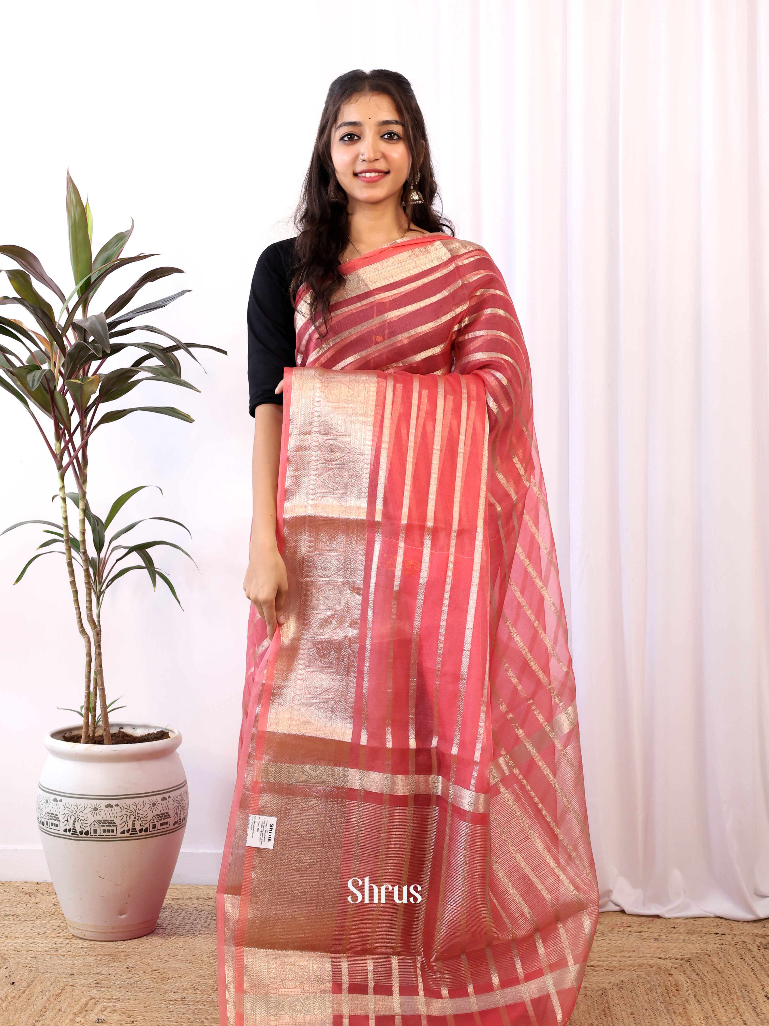 Pink - Semi Organza Saree - Shop on Shrus.com