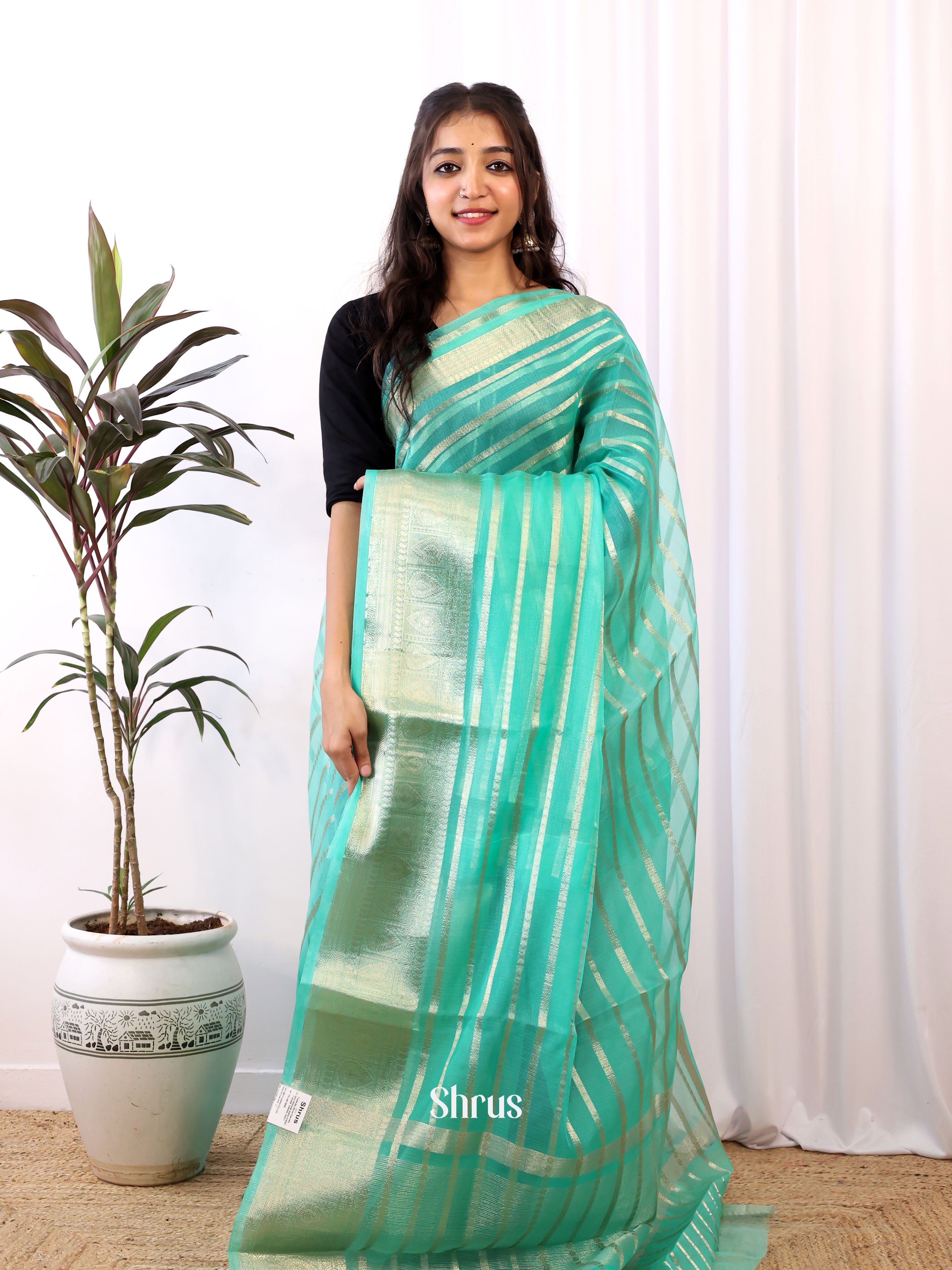 Green - Semi Organza Saree - Shop on Shrus.com