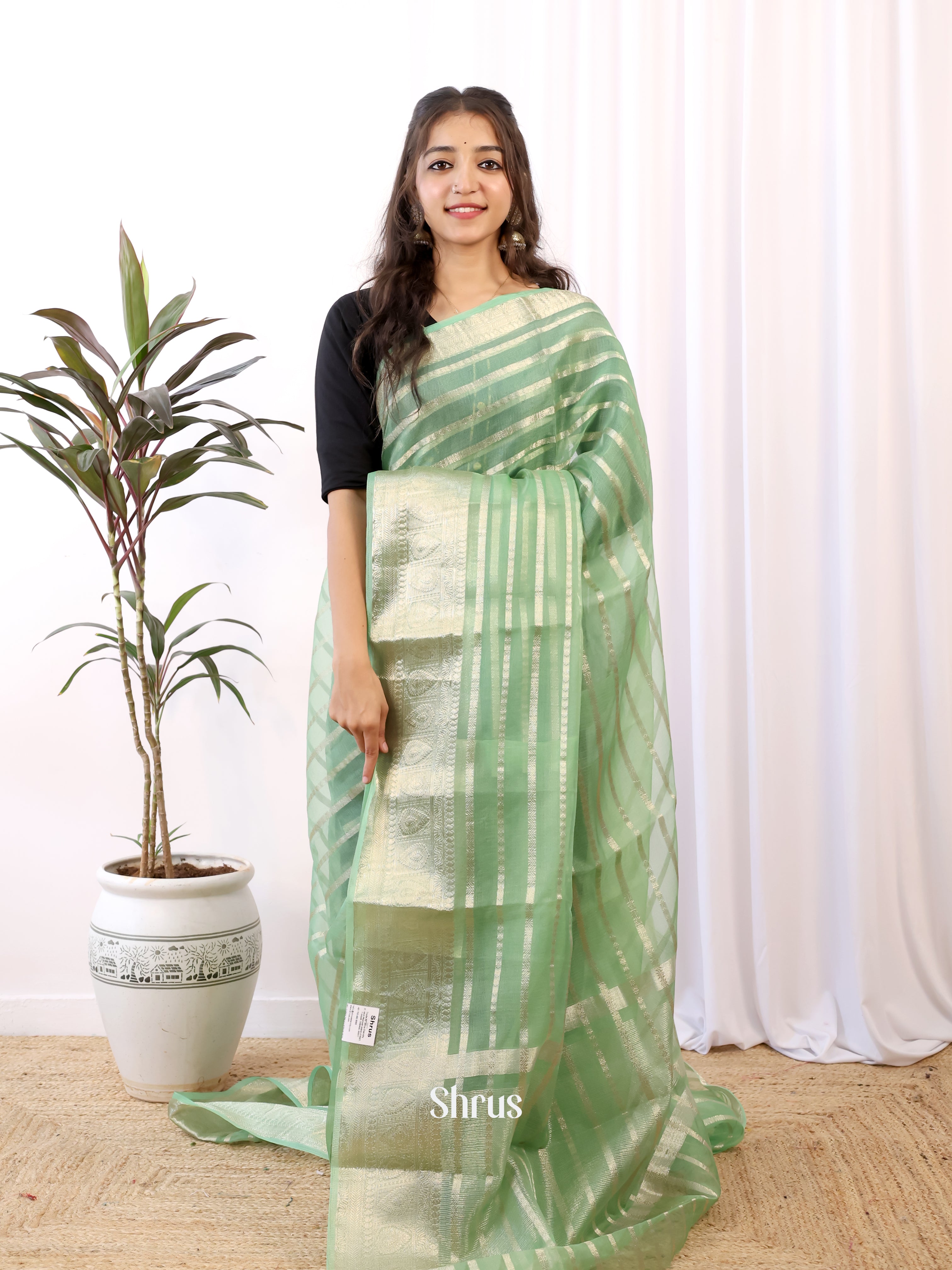 Green - Semi Organza Saree - Shop on Shrus.com