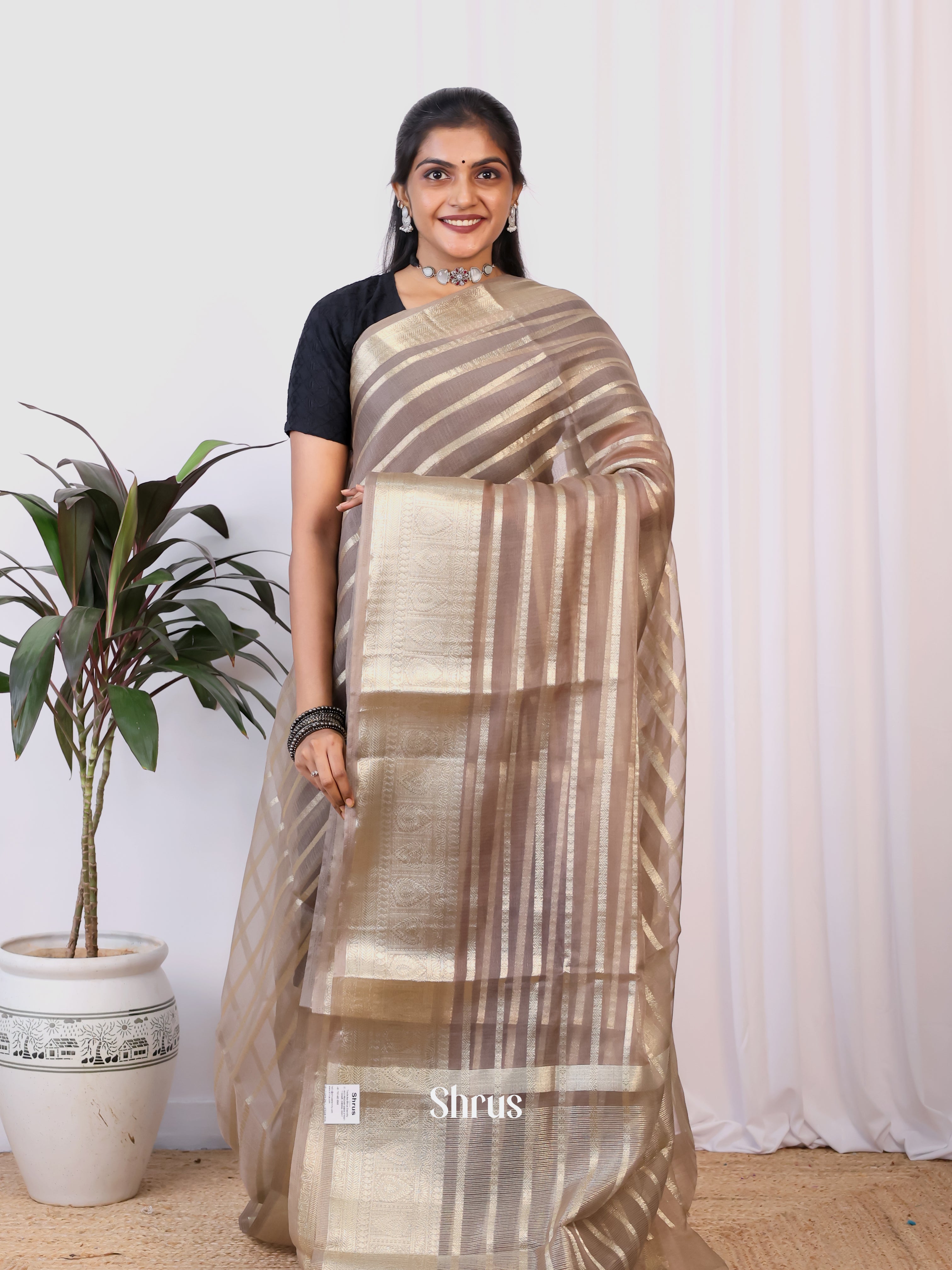 Grey - Semi Organza Saree - Shop on Shrus.com