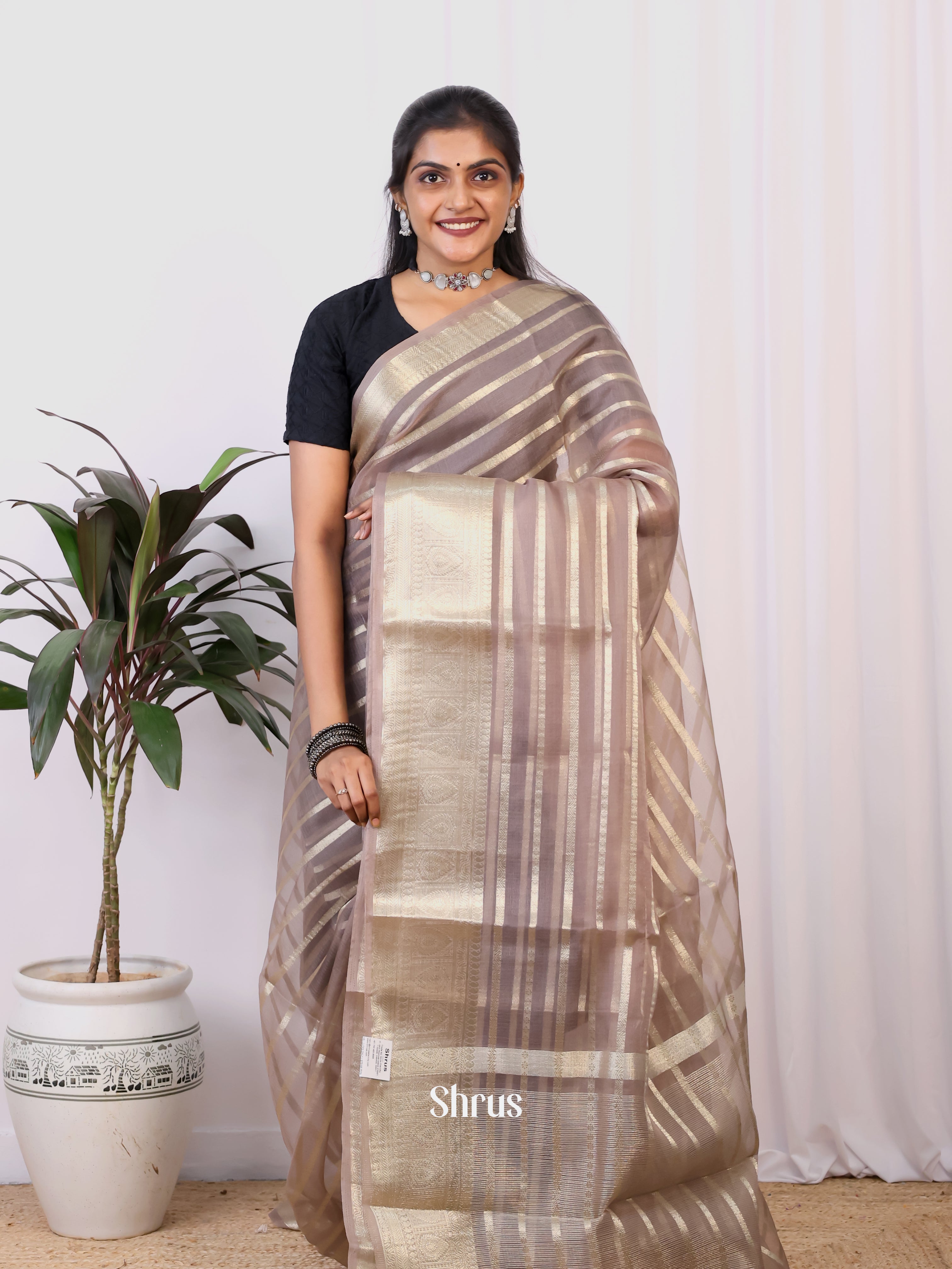 Grey - Semi Organza Saree - Shop on Shrus.com