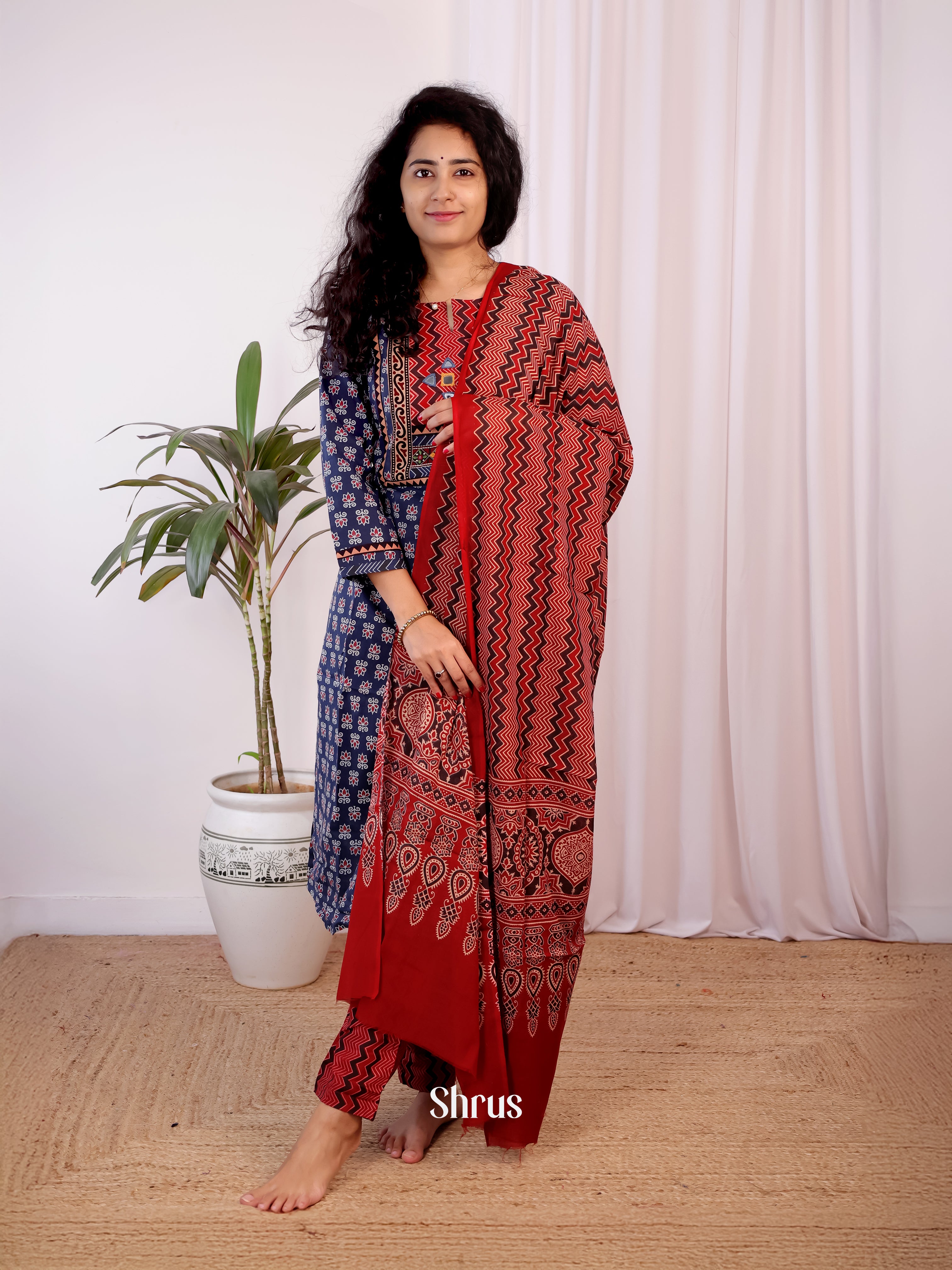 Blue & Red- AJrakh 3pc Readymade Suits - Shop on Shrus.com