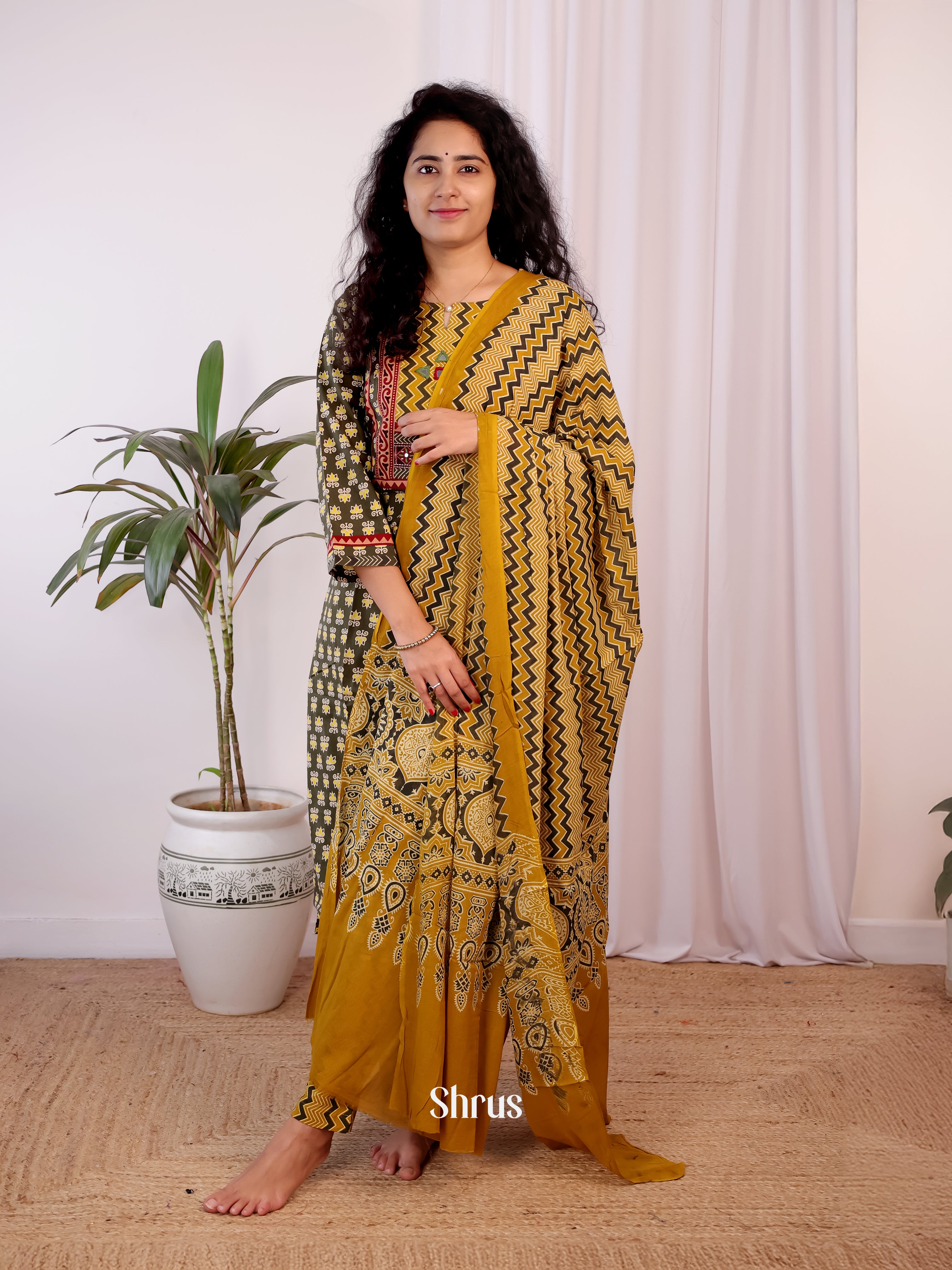 Army Green & Mustard- Ajrakh 3pc Readymade Suits - Shop on Shrus.com